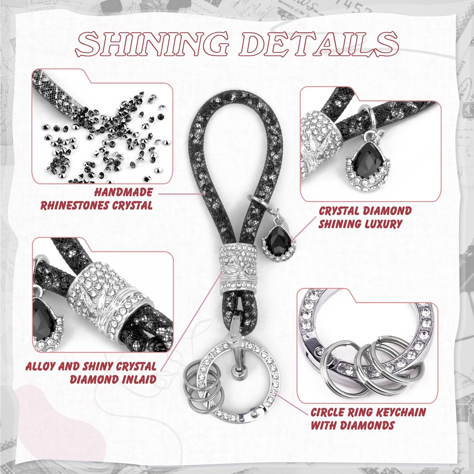 Bling Crystal Diamond Keychain For Women - 2 Pack Wrist Lanyard Keychain With Rhinestones, Silver, Compatible With Car & House Keys - View #4