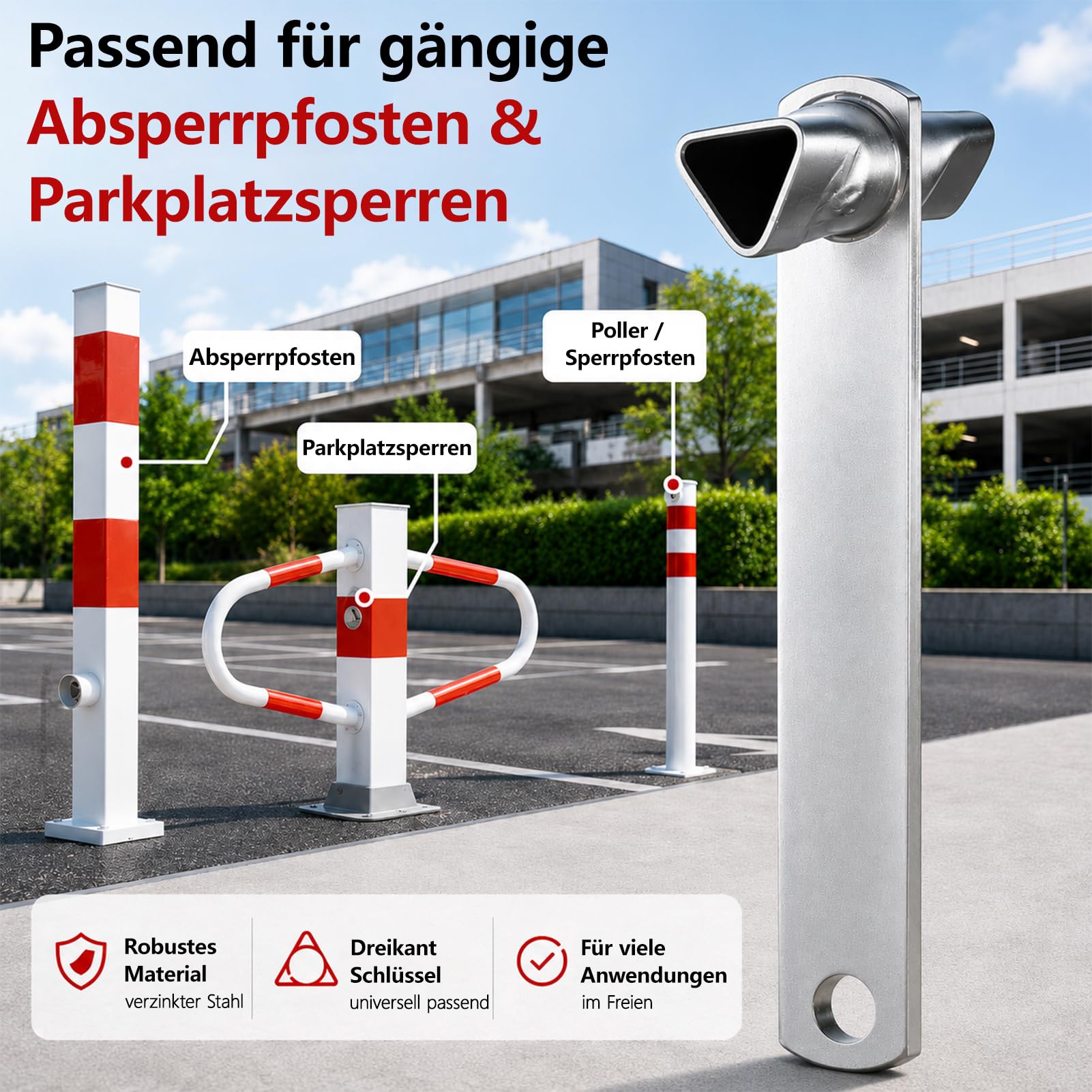 Klucz trójkątny M10/M12 17 mm/19 mm zgodny z DIN 22417, klucz słupkowy do słupków parkingowych, słupków odgradzających, blokad parkingowych i szlabanów, metal ocynkowany