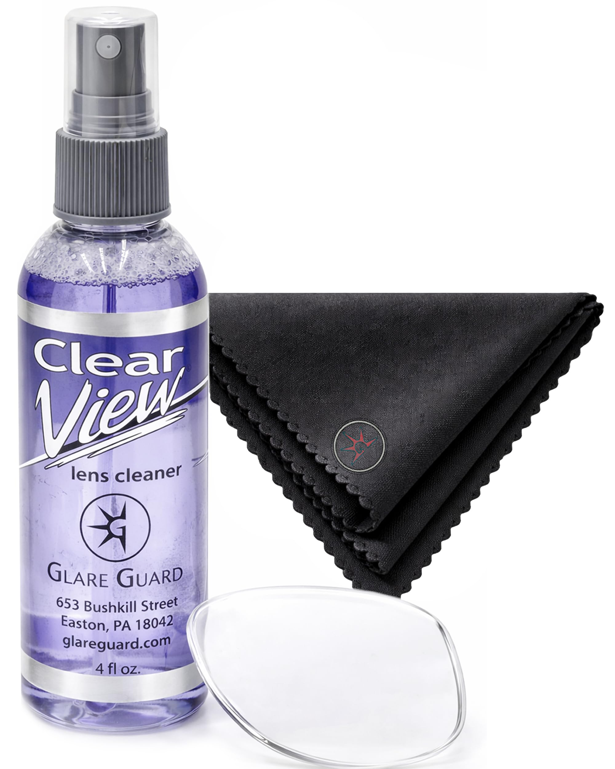 Glare Guard Clear View Lens Cleaner with Microfiber Cloth, Anti-Streak Glasses Cleaner Spray, Pro-Grade Eyeglass & Sunglass Cleaner, Alcohol-Free Screen & Camera Lens Solution, Smudge-Free, 4oz