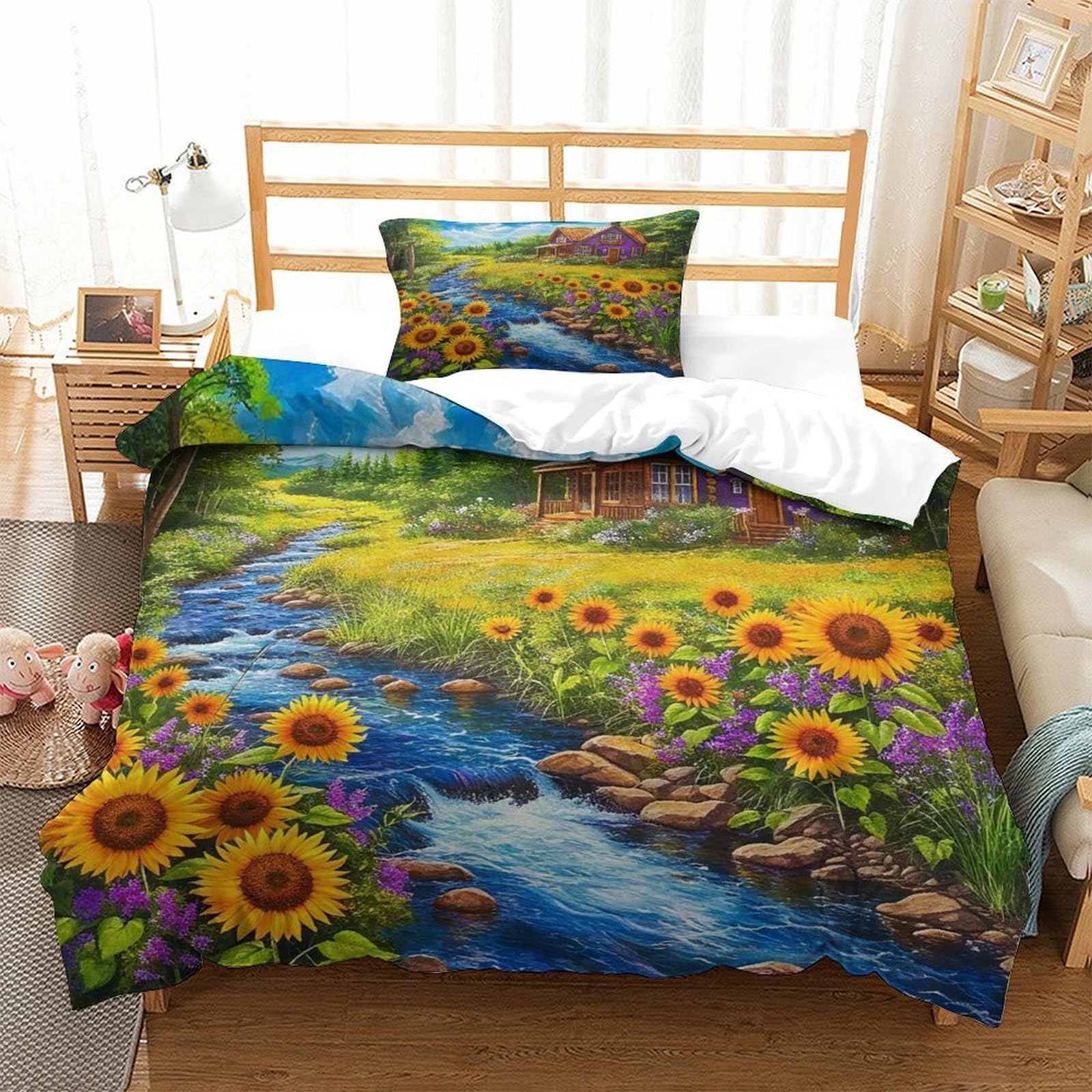 Housse de couette tournesol anti-plis avec fermeture éclair pour lit une place enfant