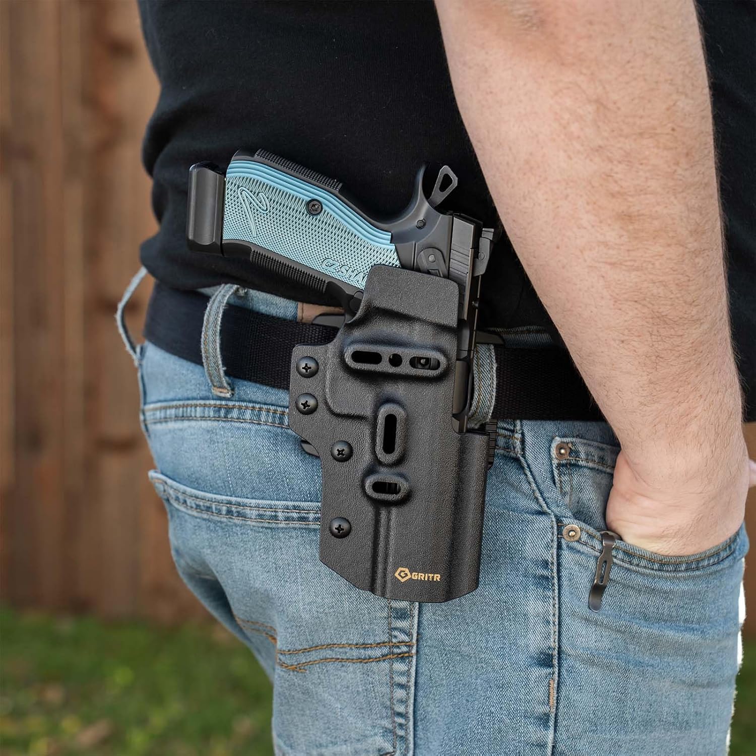 GRITR Ambidextrous OWB Kydex Competition Holster - for USPSA, IDPA, 3-Gun Matches & EDC - Pistol Accessory w/Optic Cut, Open Bottom, Adjustable Retention & Cant