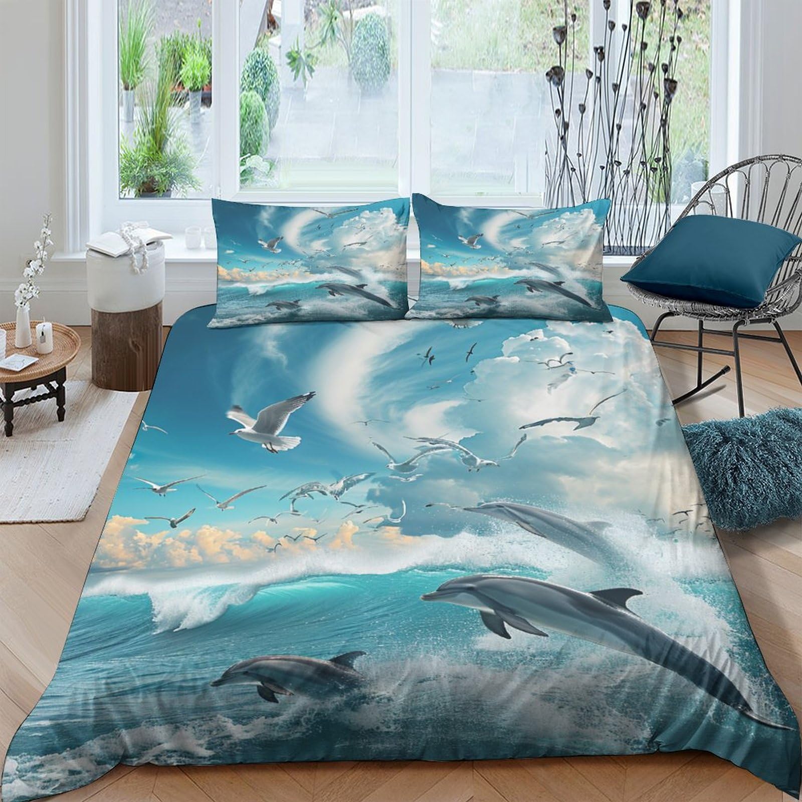 Parure de lit king size 220x240 cm en microfibre avec 2 taies d'oreiller vagues de mouette