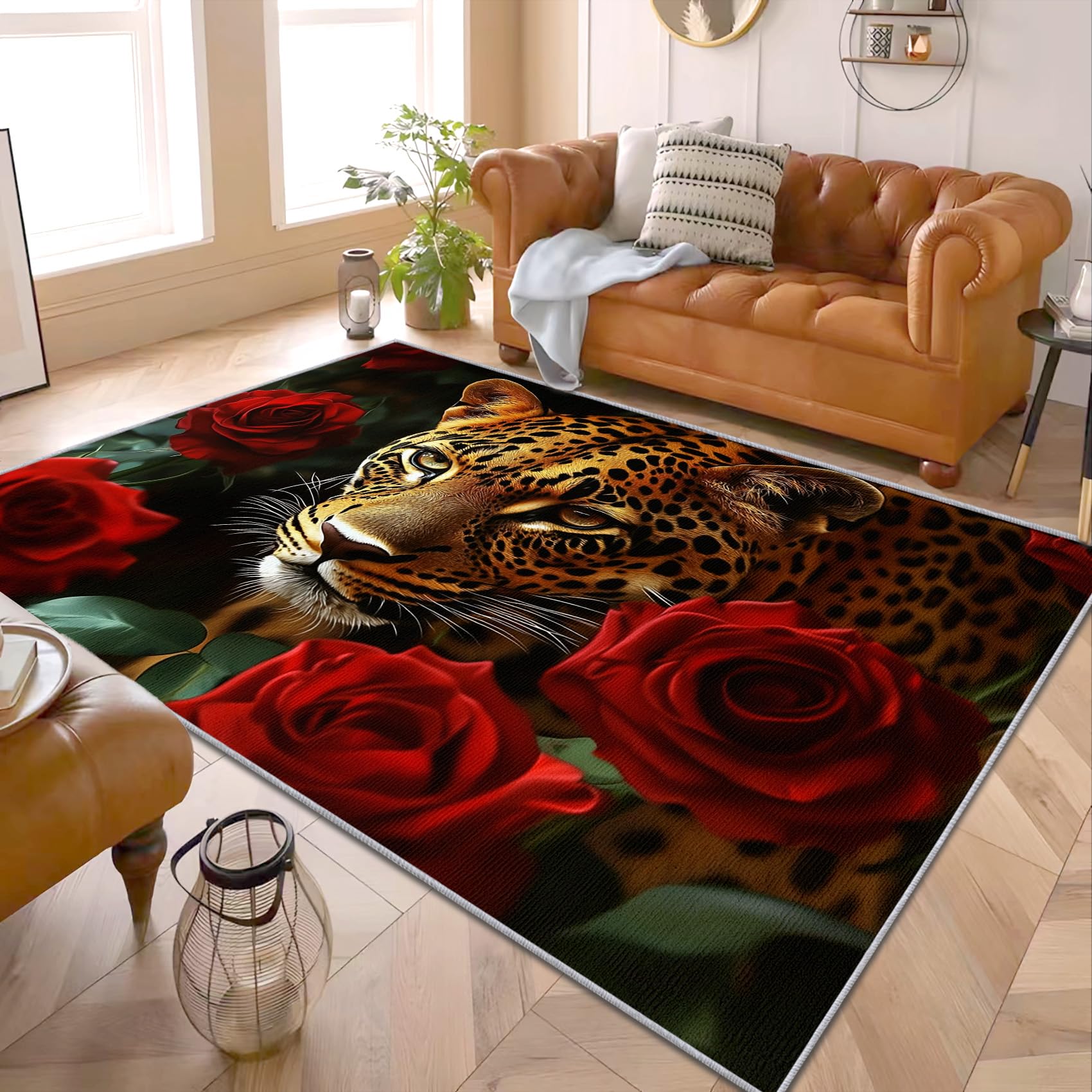 PaxGloz Cheetah Rug - Leopard Rose Flower Rug, African Safari Rugs for Living Room Bedroom, Washable Non Slip Soft Small Carpet, Patterned Area Rugs & Home Decor 40x60 cm