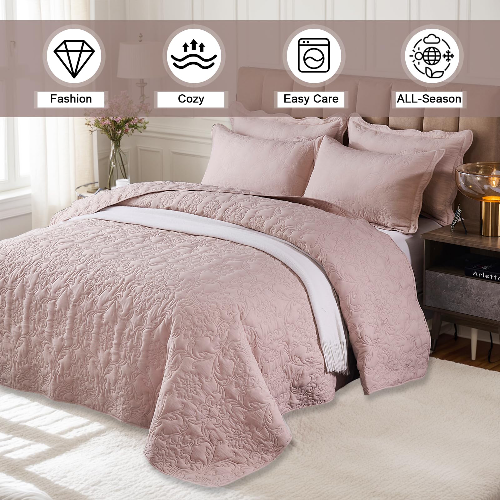 OKYUK 3-Piece Queen Quilt Set Quilted Bedspread Oversized Microfiber Lightweight Coverlet Set including Shams Reversible Printed Coverlet Bedding Set for All Season,220x240cm (Light Bean Sand - Image 2
