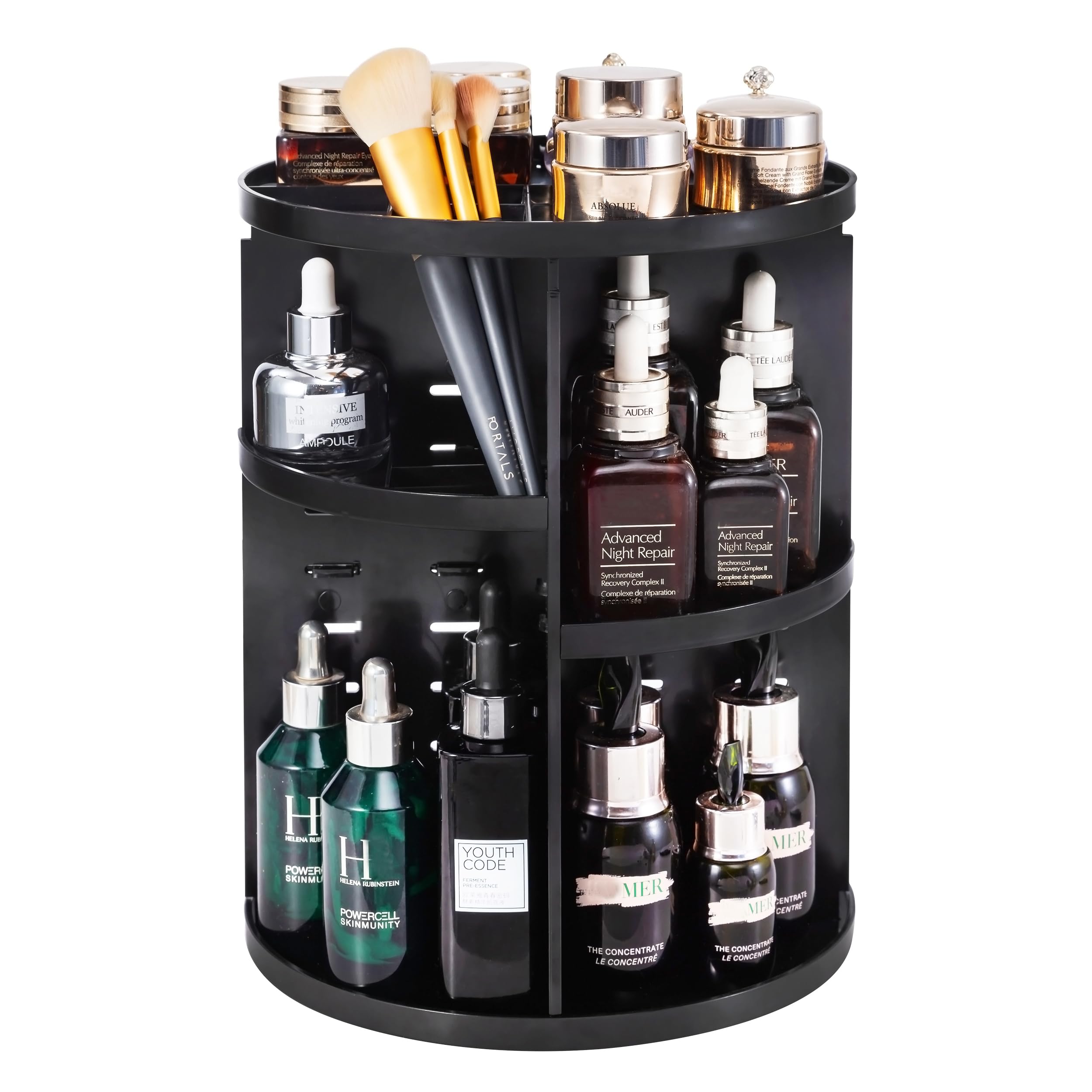 360 Rotating Makeup Organizer,DIY Adjustable Spinning Holder,Foldable Cosmetic Storage Display box,Large Capacity Make up Caddy Shelf,Fits Countertop Vanity and Bathroom (BLACK)