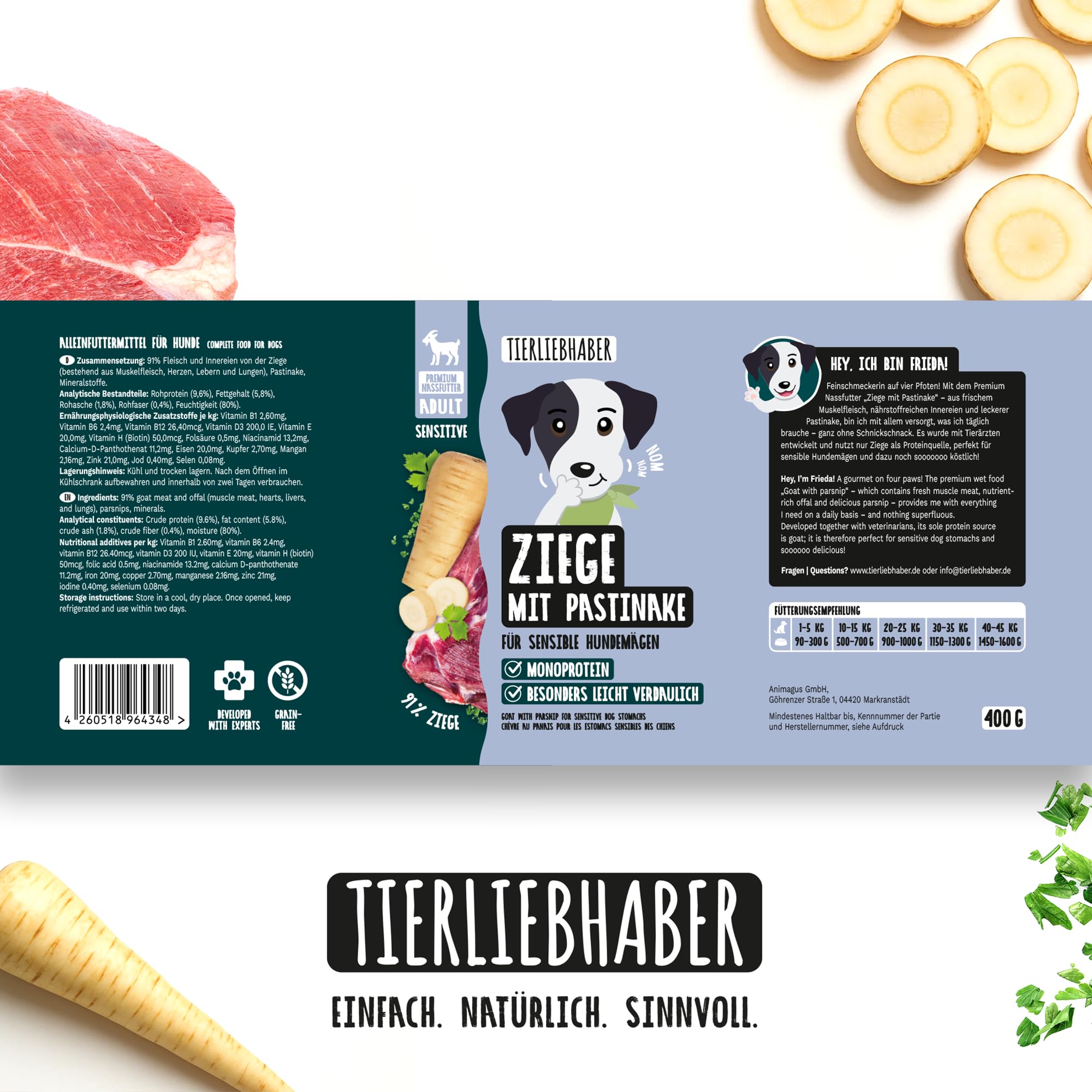 Hundefutter Nass 400g 12x Ziege mit Pastinake – Hunde Nassfutter Wet Dog Food tierärztlich entwickelt – Hundenassfutter 400g Dosen mit 91% Fleischanteil – Dog Food leicht verdaulich von TIERLIEBHABER