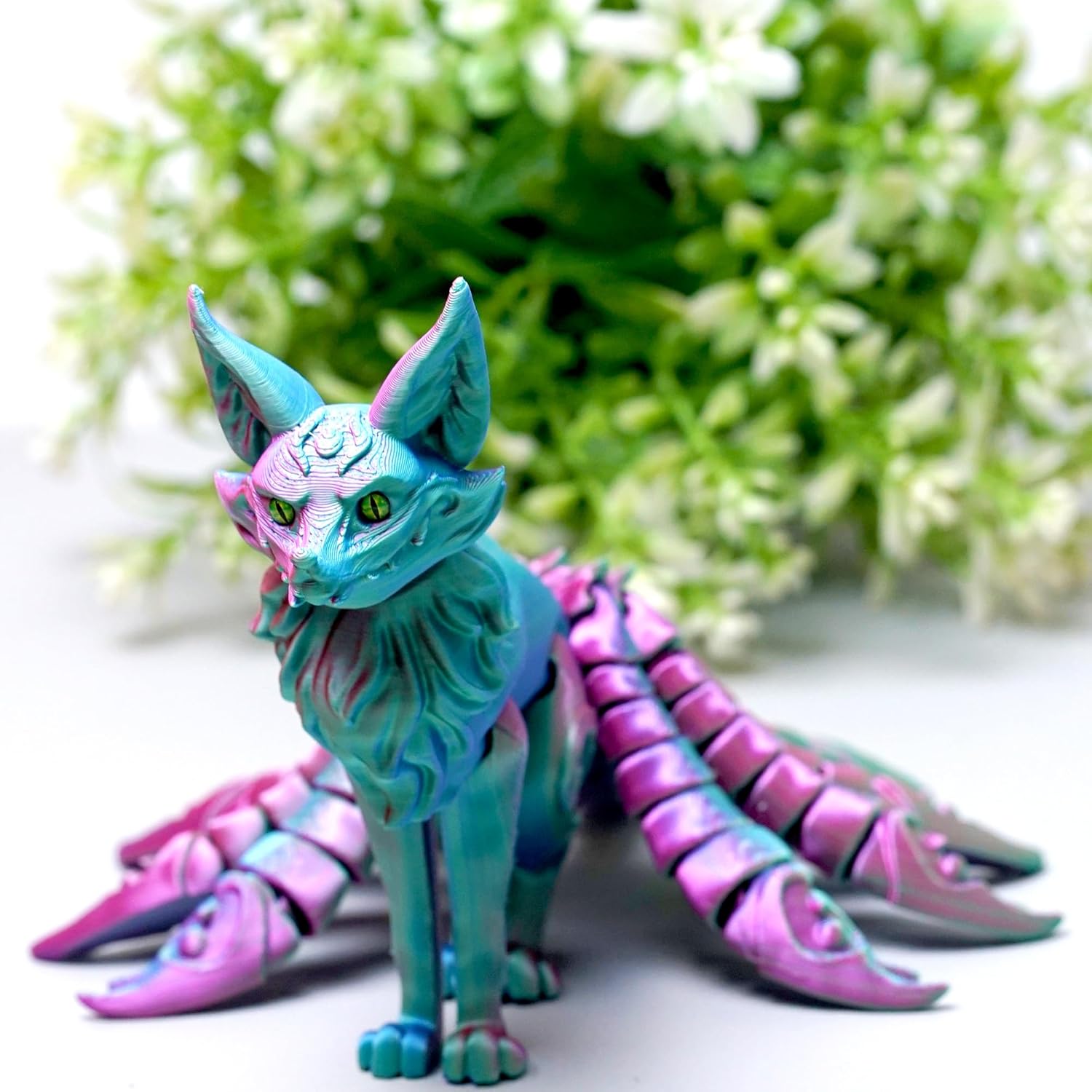 3D Printed Nine tailed fox Model,Flexible Realistic Articulated Animal Fidget Toys,Mystery Figurines Gifts for Easter,Executive Desk Funny Décor and Festival Collectible,Easter Basket Stuffers (PG)