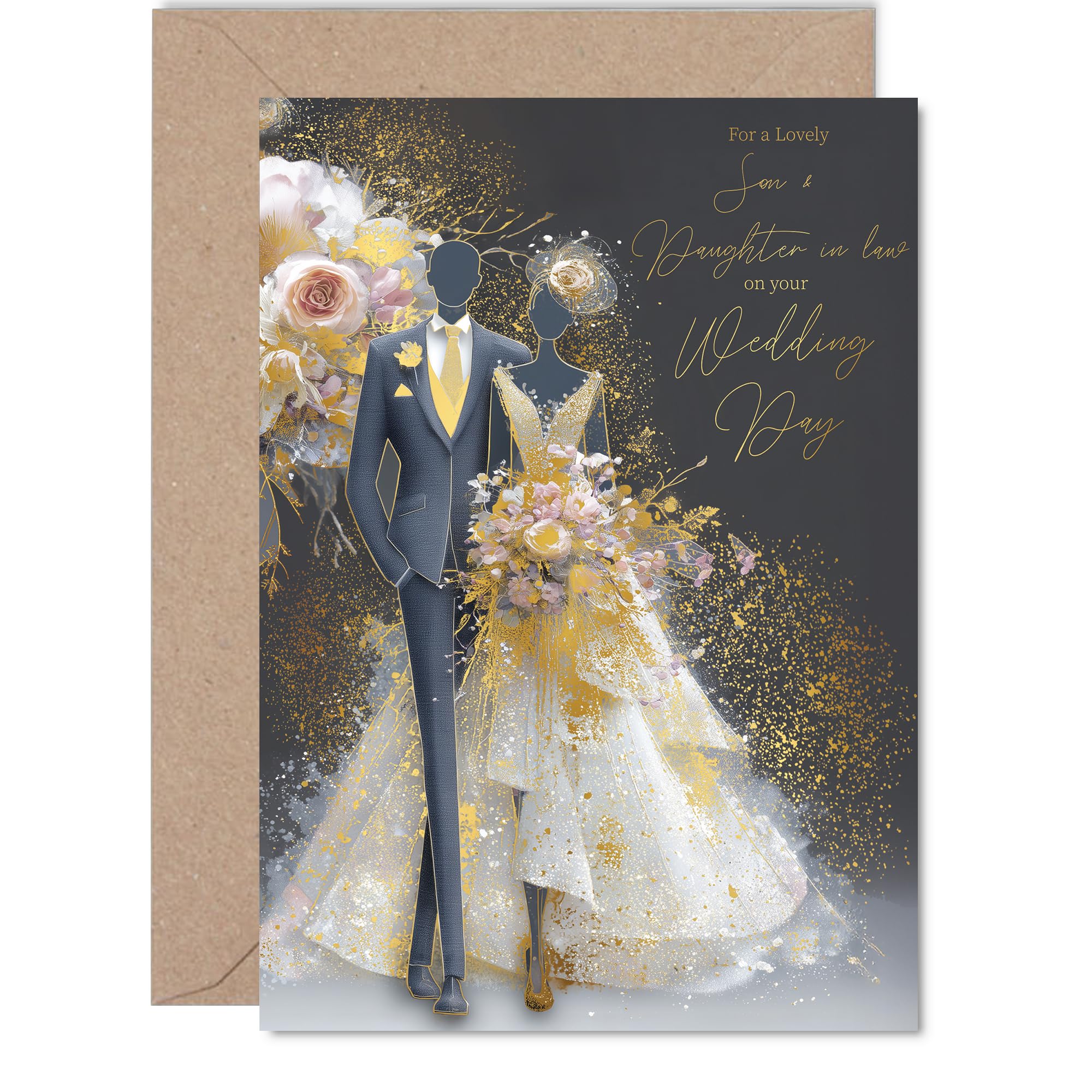 Gold Son & Daughter in Law Wedding Card, Elegant Bride & Groom