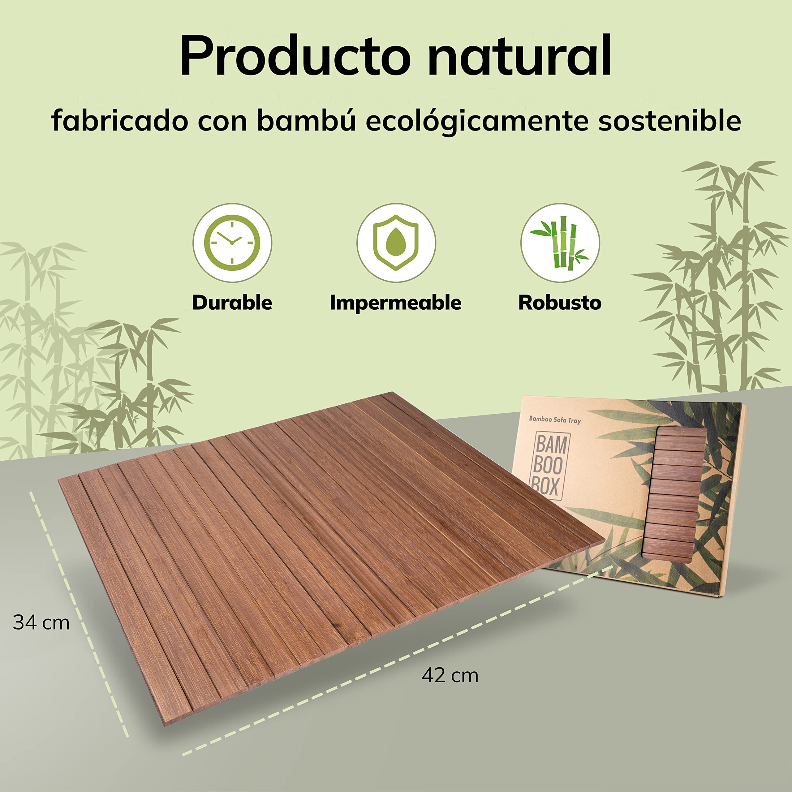 BAM BOO BOX Bandeja Reposabrazos Sofá Bambu – Bandeja Sofá Organizador 42x34x0,7cm – Reposabrazos Portavasos Bambu – Madera Natural | para Vasos, Tazas y Platos (Marrón)