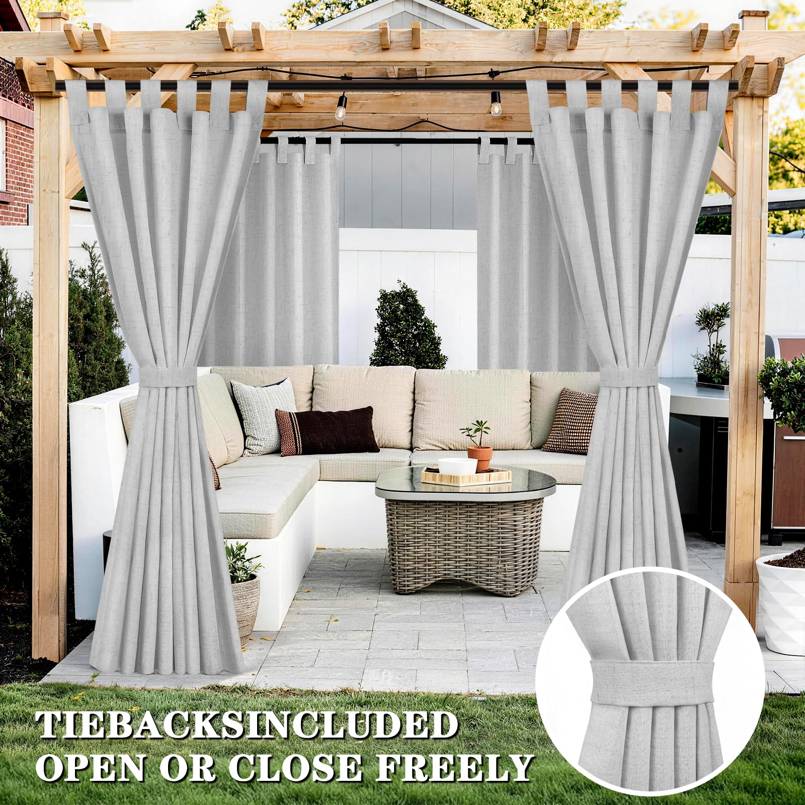 Rideau Exterieur en Lin, Lot de 2 Rideaux D'extérieur Impermeable, Rideau Pergola Extérieur avec Oeillets en Haut, Rideau Occultant Exterieur Pour Terrasse Balcon Tonnelle Porte(132 x 215cm, Gris) - 5