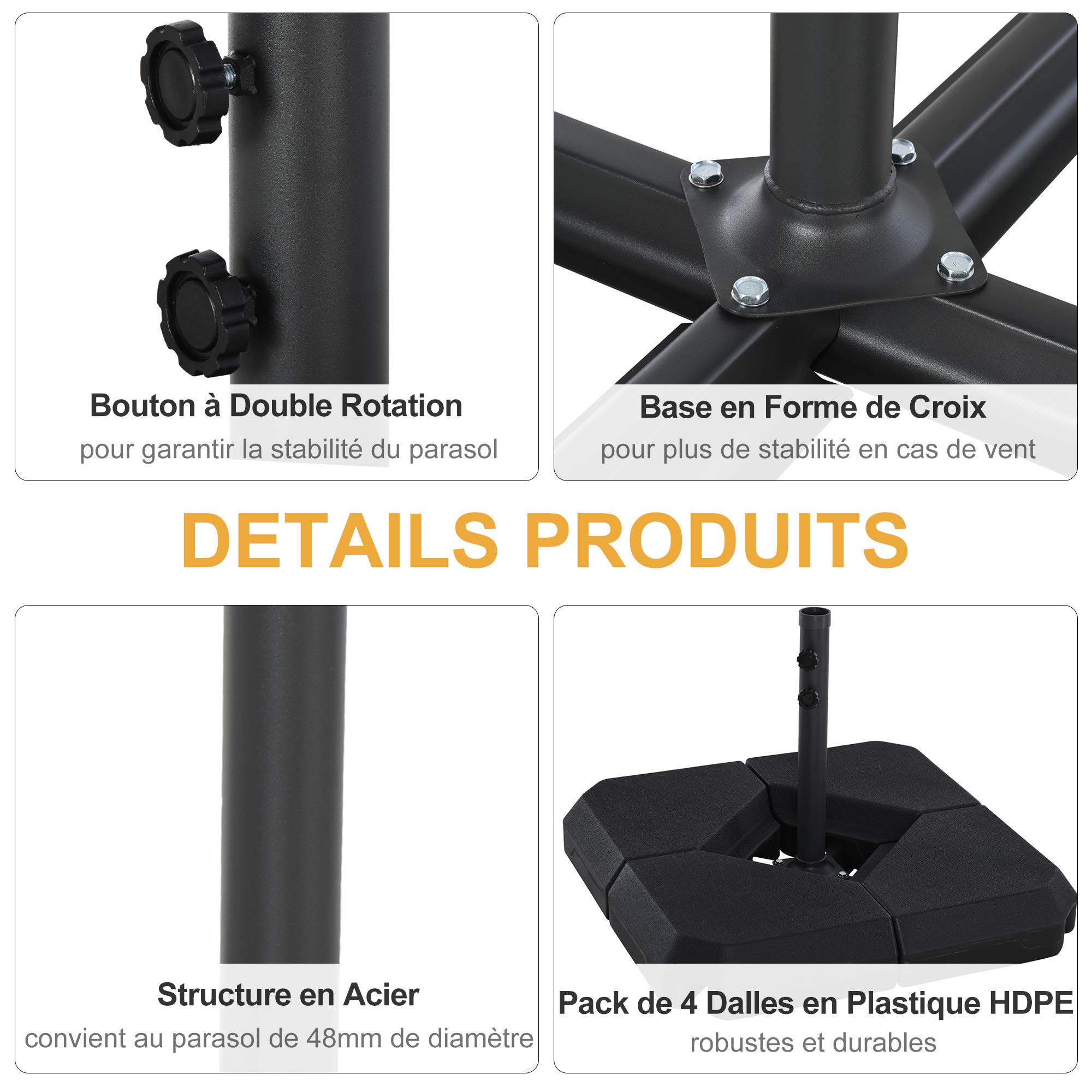 Base De Lestage Pour Parasol Déporté - 4 Poids à Eau/sable, Capacité 90-130 Kg, HDPE Noir 98x98x13 Cm - Outsunny