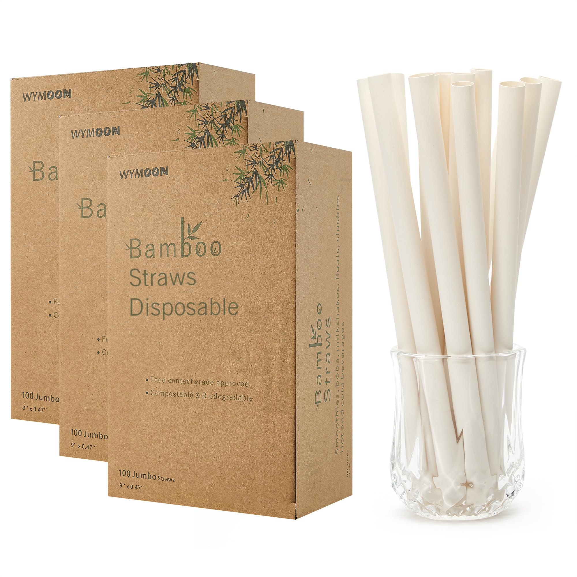 Biodegradable Smoothie Boba Straws made of Bamboo Material | 300 Straws in Total (3 Packs of 100)