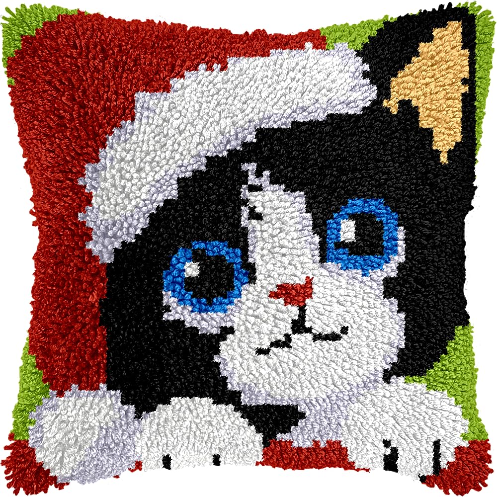 LingxiCreation DIY Latch Hook Kits Pillowcase Christmas Cat
