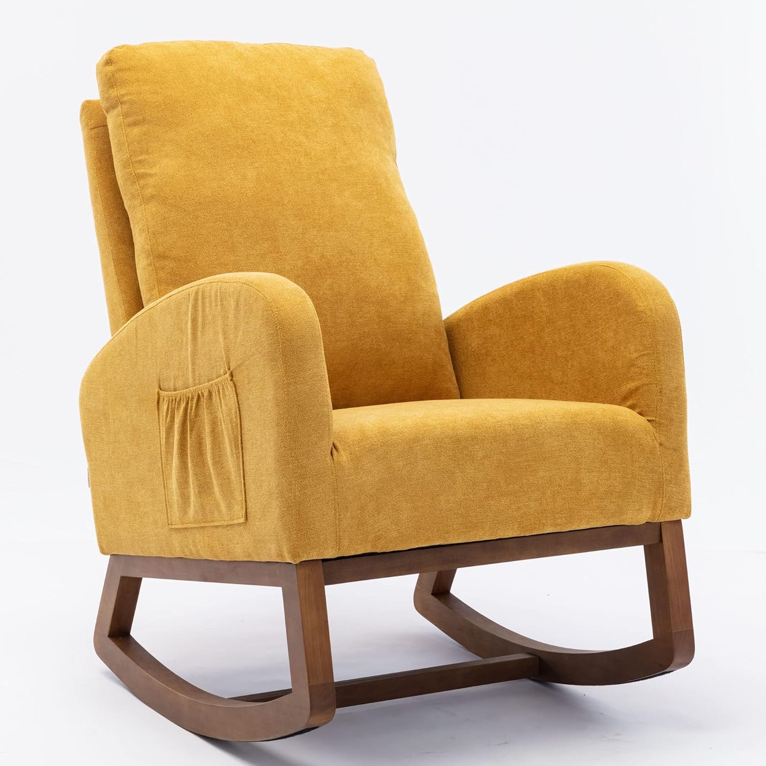 Pannow Mecedora tapizada de mediados de siglo, moderna silla mecedora para guardería, con respaldo alto tapizado, mecedora con 2 bolsillos laterales