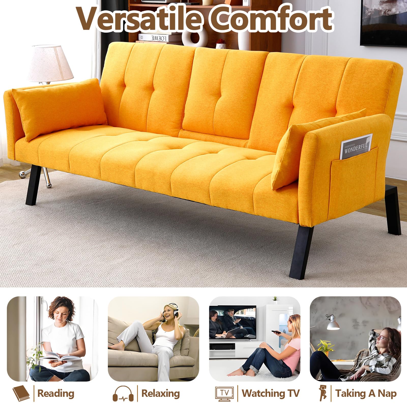 72" Cotton-Linen Futon Couch Living Room Couch Bed Convertible Sleeper Sofa Bed with Cup Holder for Bedroom Guest Bed 2 Seater Reclining Sofas Couches with Nailhead Trim for Small Space (Yellow)