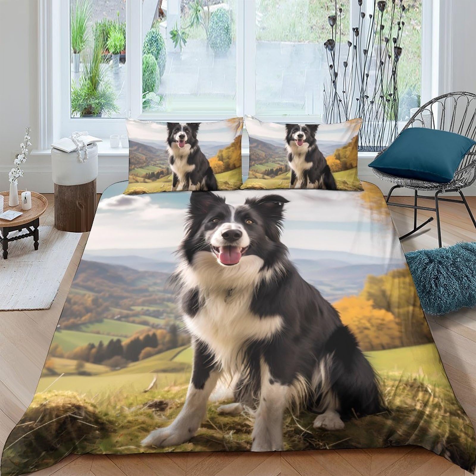 Ctjqhvkz Style-9 3D Printed Border Collie Landscape Fitted Sheet Microfiber Soft Dog Scene Bed Cover For Bedroom Guest Room Mattress Protection Decor Single（135X200cm）
