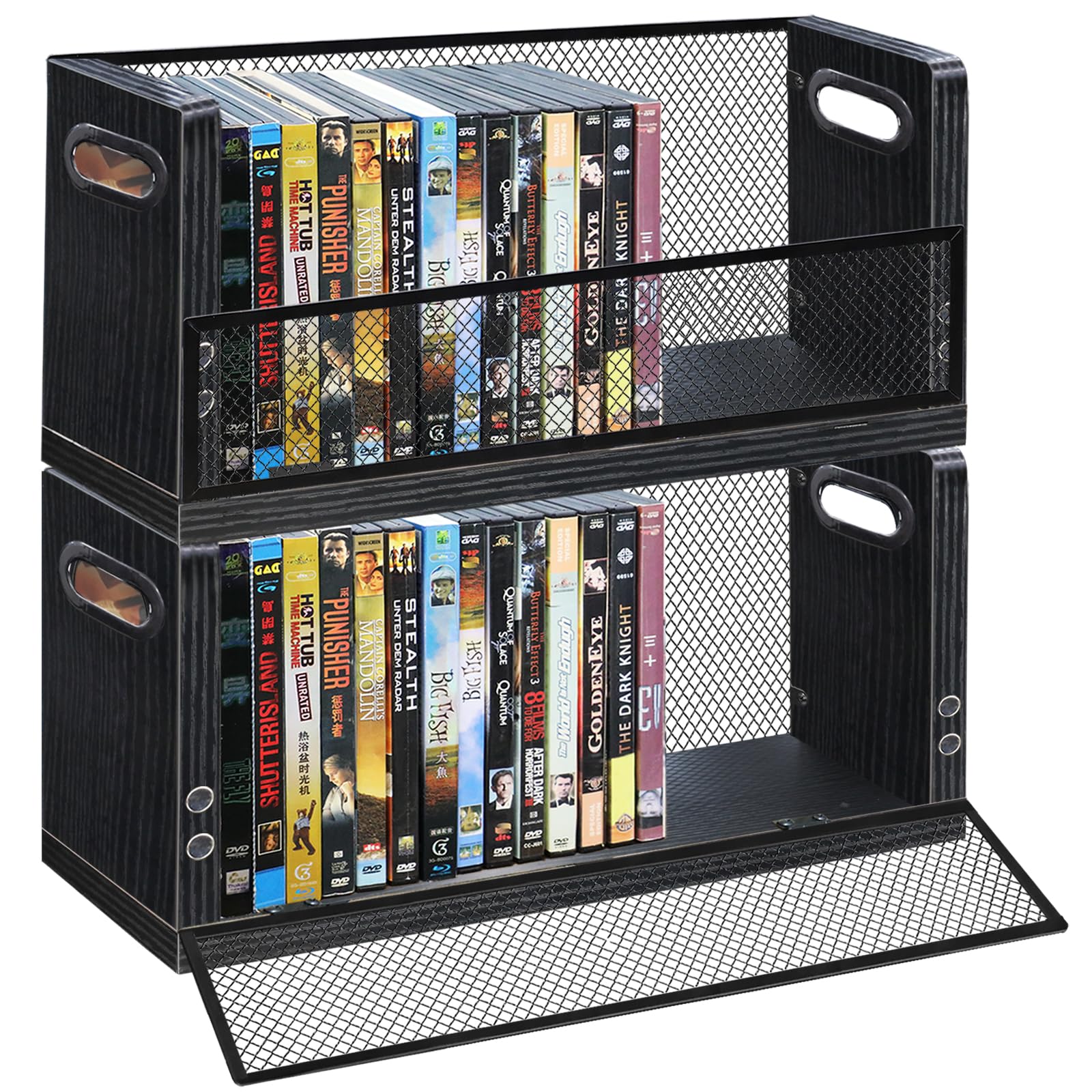 DVD Storage Rack 2 Pack, Stackable Media Organizer Holds 56 DVDs or 64 Blu ray Cases, Shelf with Magnetic Door for Video Games and CDs, VHS Tapes