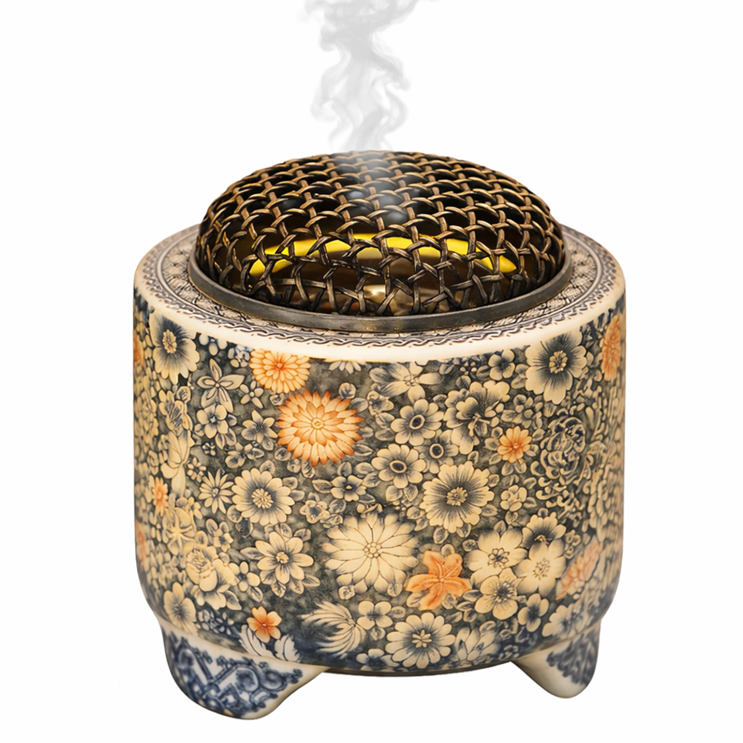 Bruciatore di incenso elettrico in ceramica blu e bianco in porcellana con luci LED integrate che simulano le fiamme, design classico, elegante e di fascia alta