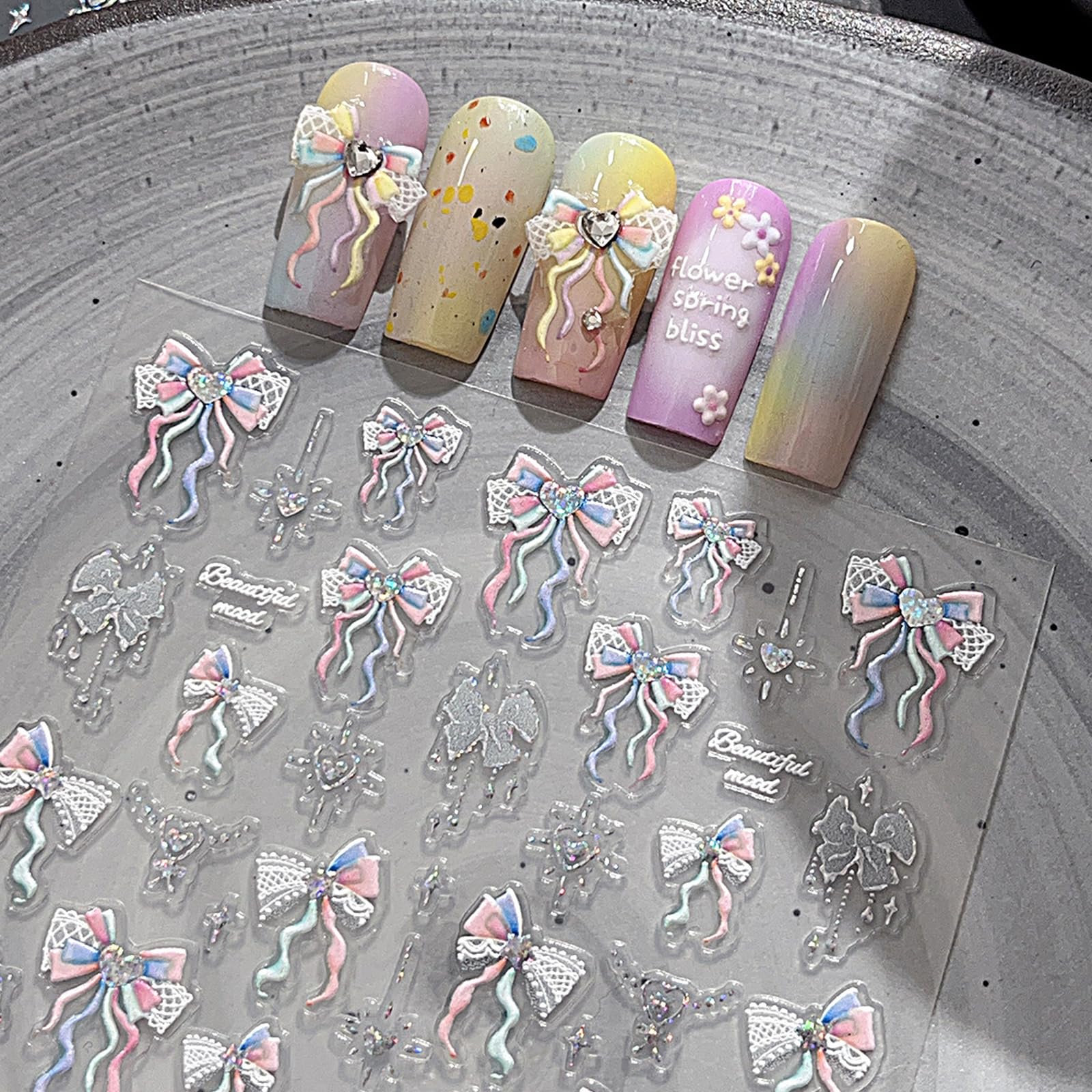 Photo 1 of 1 Sheet Spring Bow Nail Decal Holographic Bow Nail Decal Sticker with Glitter Design, 5D Embossed Self-Adhesive Nail Supplies for Women Daily DIY Nails Accessories