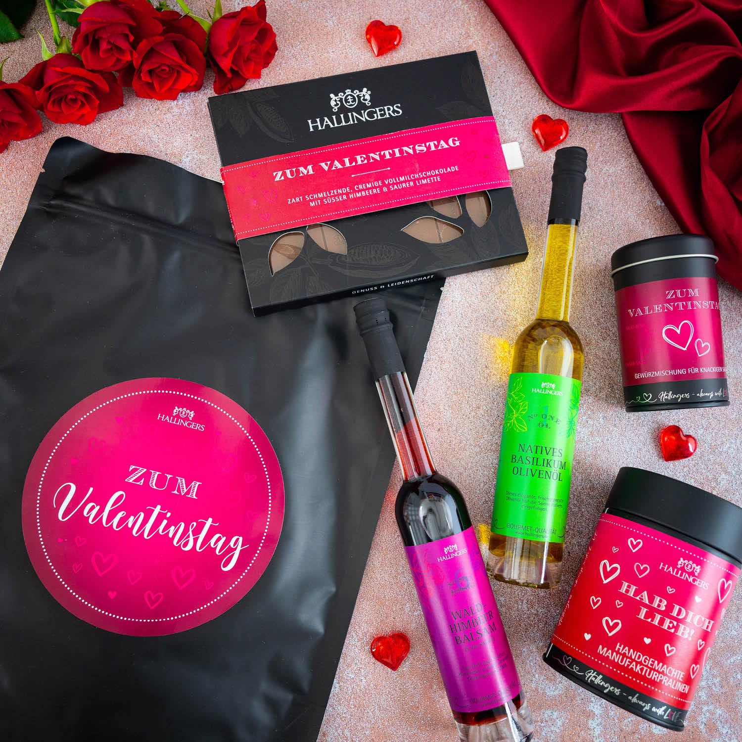 Hallingers Genuss Manufaktur Feinkost Valentinstagsgeschenk-Set - XXL-Wundertüte "Zum Valentinsta..." großer Liebesgruß Pralinen, Gewürz, Olivenöl, Himbeeressig & Schokolade, Valentintstag für Frauen