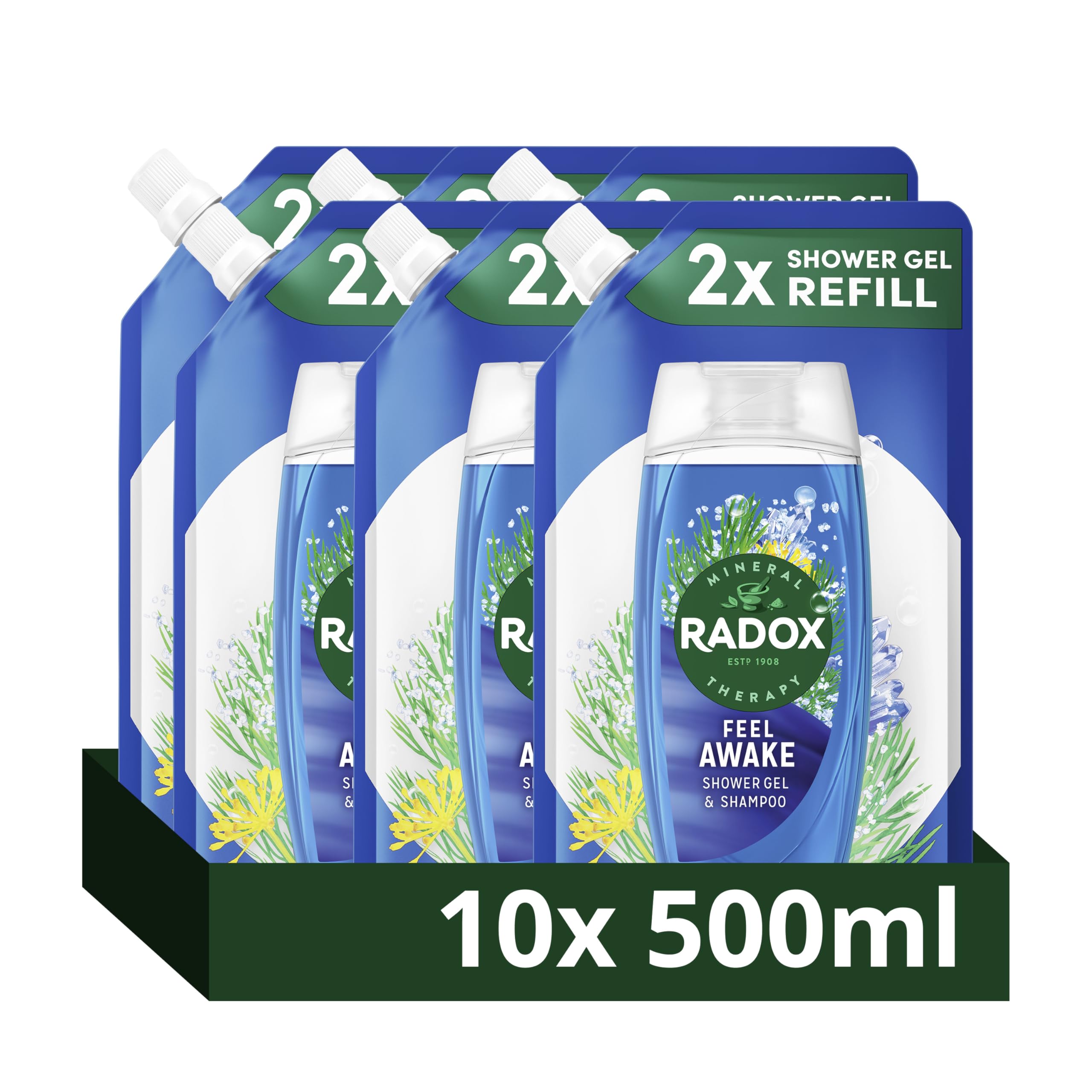 Radox Mineral Therapy Feel Awake 2-in-1 Shower Gel & Shampoo Refill Pouch - 500ml - 10 Pack