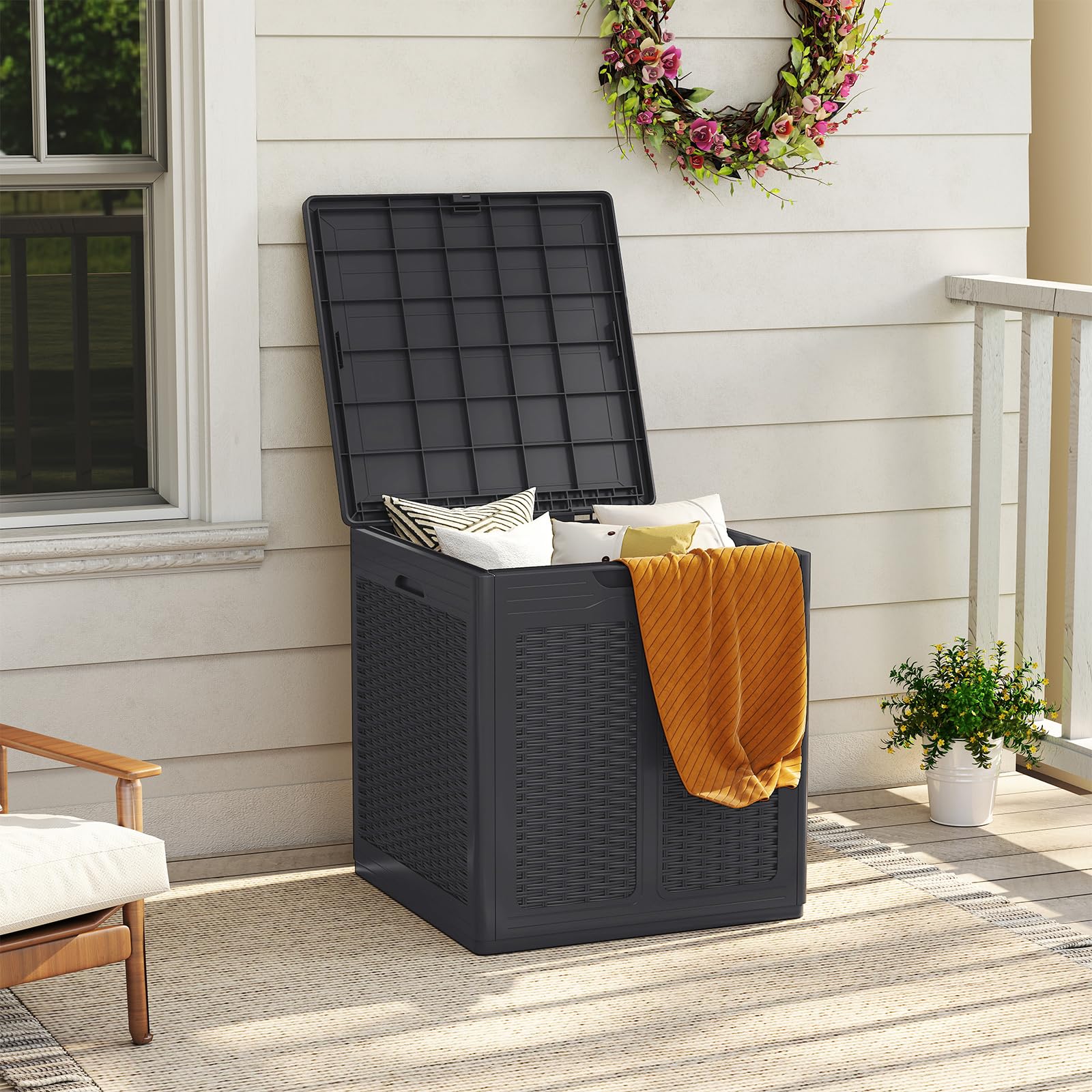 COSTWAY Arcón Exterior 145 L, Baúl almacenaje PP con Patrones de Ratán y Tapa con Cerradura, Contenedor de Plástico para Herramientas de Jardín, Cojines de Patio, 56 x 56 x 60,5 cm (Marrón)