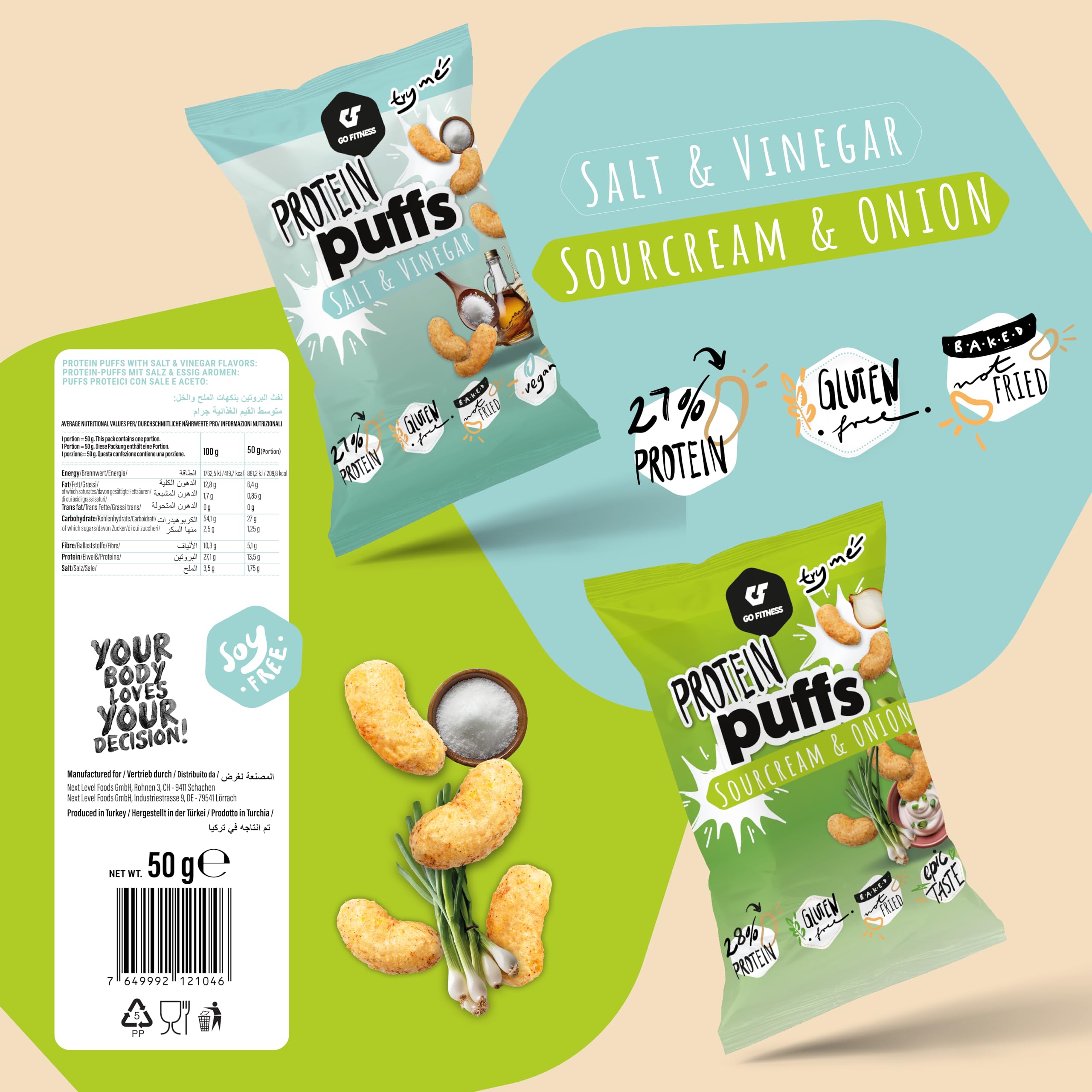 Go Fitness Nutrition – Protein Puffs – Salt & Vinegar – 6-Pack – Proteinreicher Snack, Wenig Zucker, Knusprig und Würzig