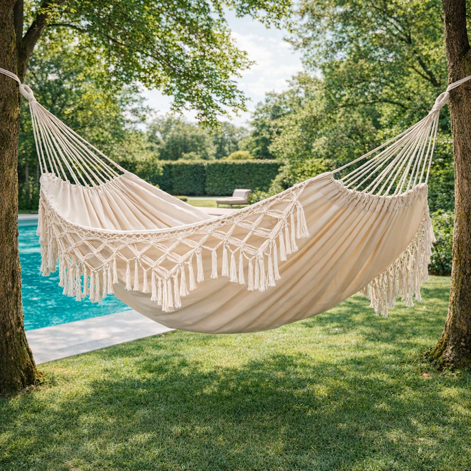 Amaca Matrimoniale Da Giardino Terrazzo Campeggio E Piscina In Cotone E Poliestere Con Frange Decorative Per Relax Outdoor Boho Chic Portata 250 Kg 240 x 150 Cm Beige