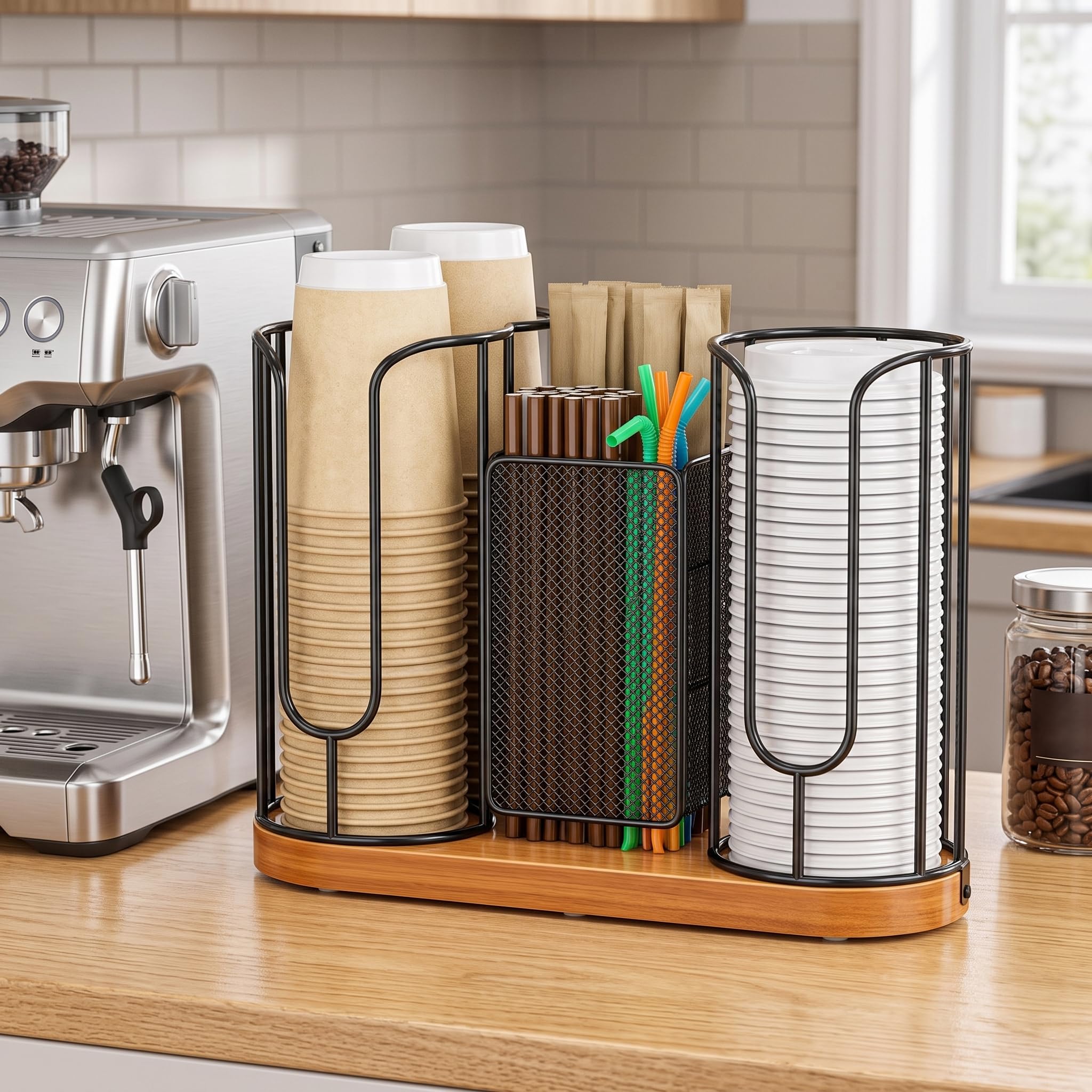 Dispenser per tazze da banco, coperchio con base in legno naturale a 3 scomparti, compatto