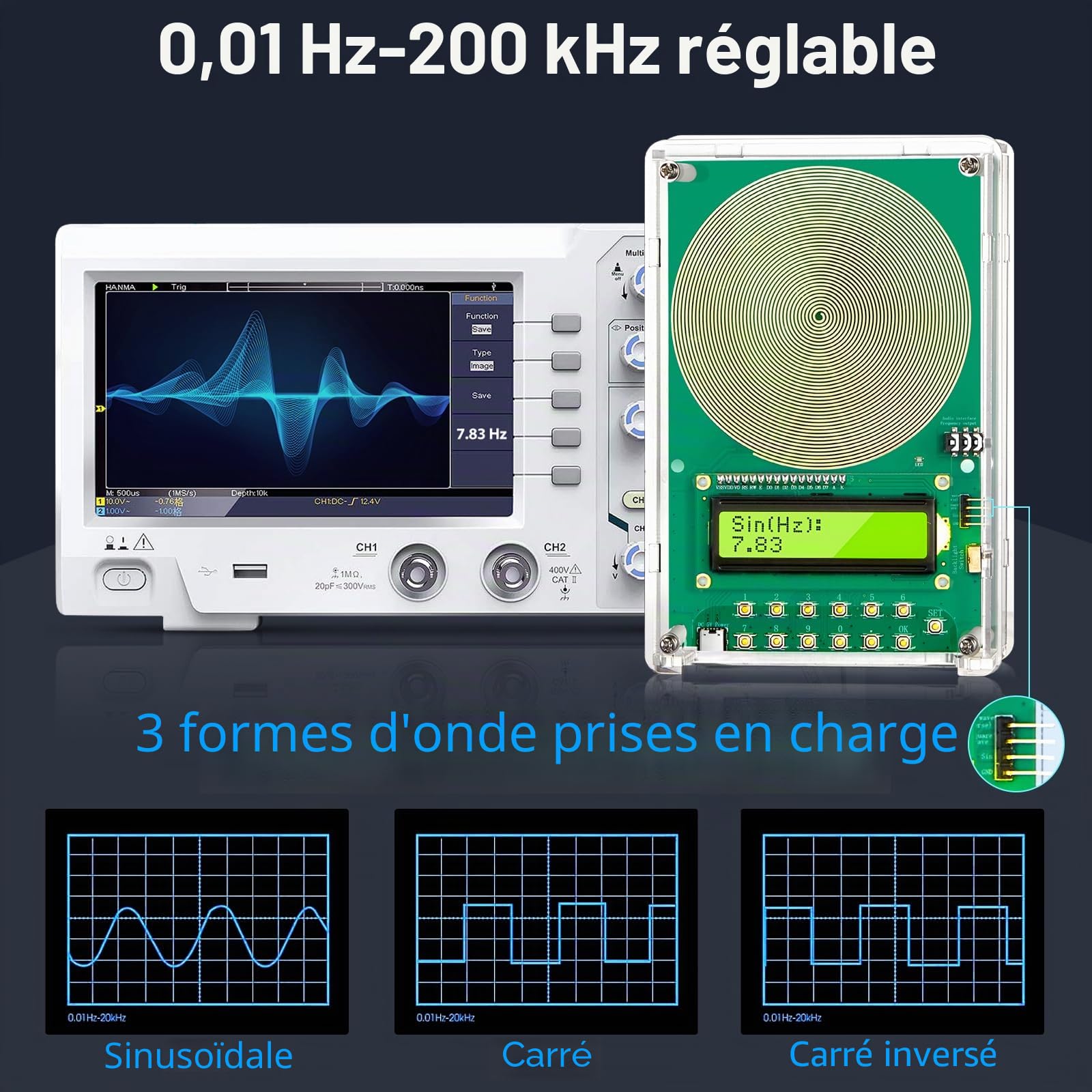 Générateur de fréquences 7,83 Hz réglable 0,1 Hz-200 kHz, avec écran et connexion USB - Générateur de fréquences pour l'aide au sommeil, portable pour la maison, le bureau, comme cadeau de