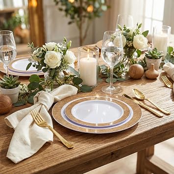102 Pcs Wood Grain Brown Plastic Plates, Brown Party Plates Premium Plastic Disposable Plate Disposable Include 51 Dinner Platos 10 & 51 Dessert Platos 7, Elegant Wood Grain Design for Party
