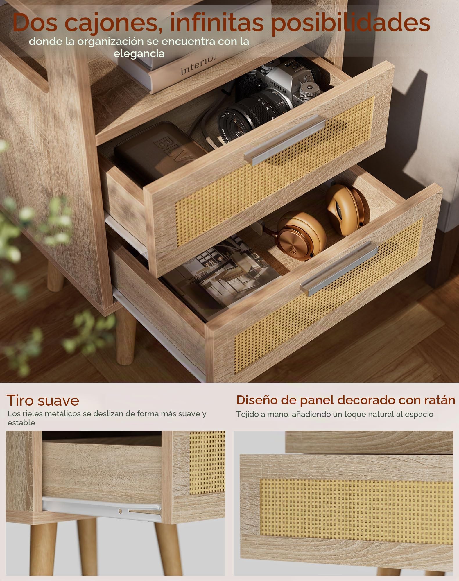 YMYNY Mesita de Noche de Ratán, Mesa Auxiliar, Mesa de café, Mesilla de Noche con 2 Cajónes, Comoda Boho, Piernas de Madera Maciza, 39x29x59 cm, para Dormitorio, Oficina, Salón, Natural HST015N