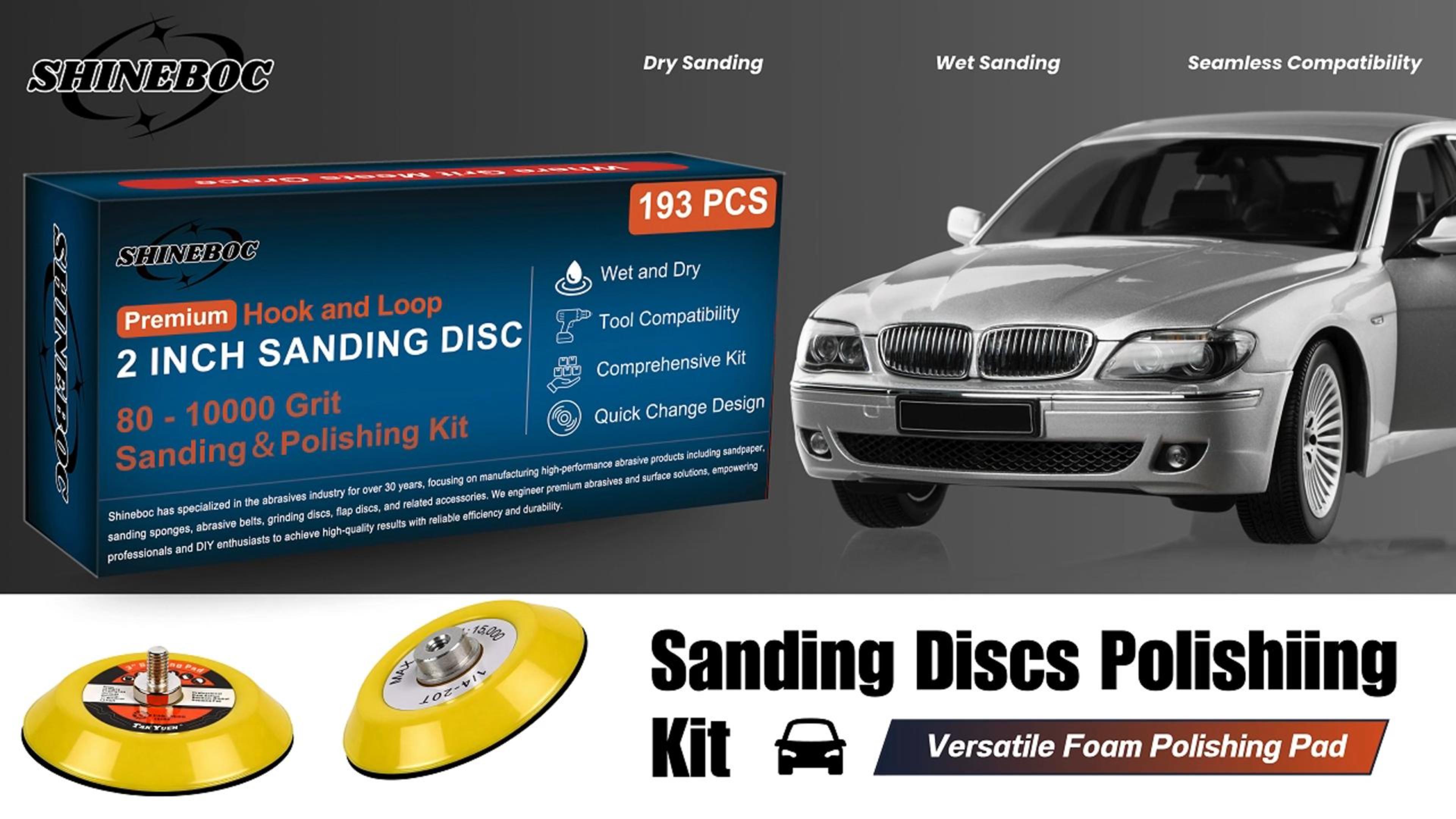 Image of 193 Pcs 2 Inch Sanding Discs, Headlight Restoration Polishing Kit | 80-10000 Grit Wet Dry Hook & Loop Sandpaper, Drill Sanding Attachment with Rotary Tools for Auto, Glass & Resin Epoxy
