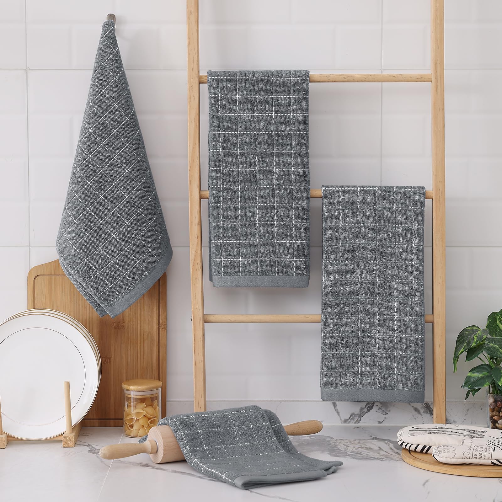 Homaxy Lot de 6 torchons de cuisine 100 % coton éponge doux et super absorbants, motif à carreaux, gris moyen, 33 x 71 cm