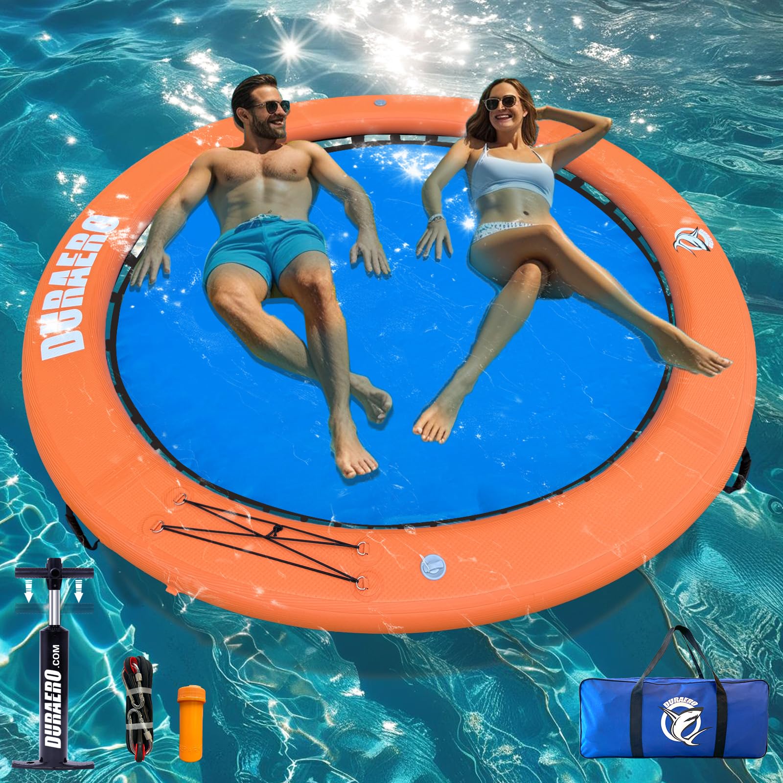 Amaca Gonfiabile ad Acqua Rotonda 245cm – Isola Galleggiante in PVC Drop-Stitch per 2–6 Persone, Piattaforma da Nuoto per Lago e Piscina, Lettino Galleggiante con Rete, Corda, Ganci e Maniglie