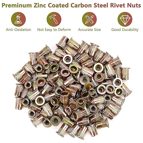 Miniatura 5 de 100 tuercas de remache M6, tuercas de inserción roscadas de cabeza plana M6 con cuerpo moleteado, Tuercas de inserción de acero al carbono chapado