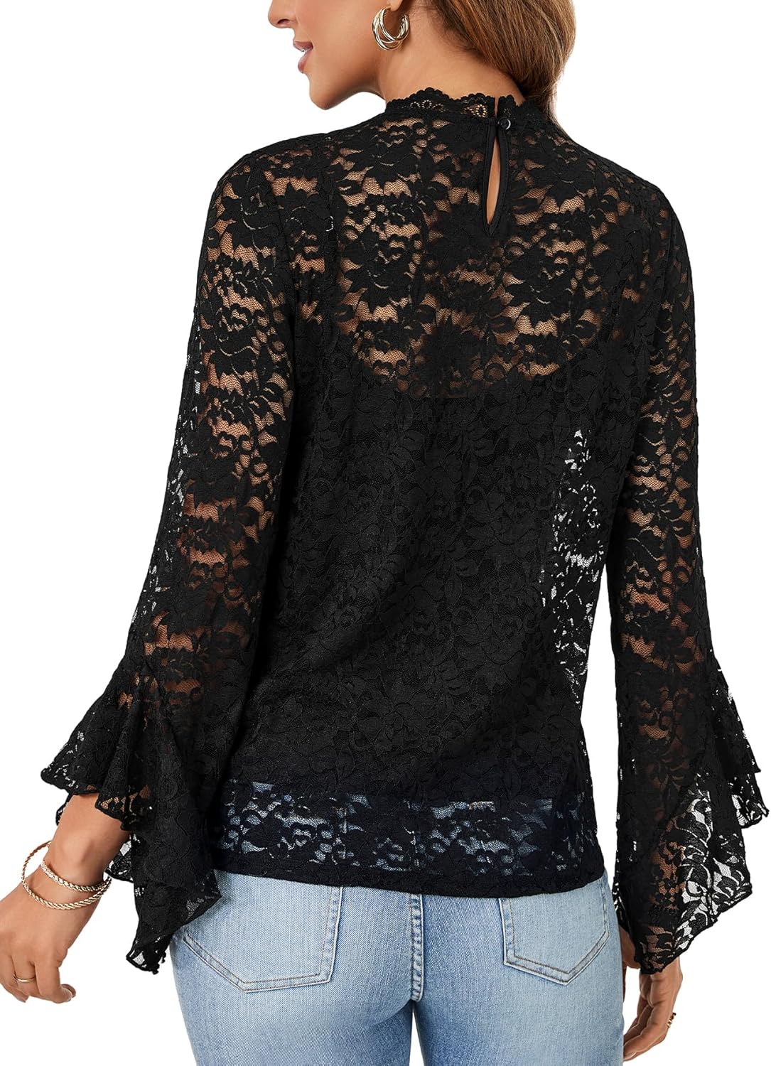 Vrtige Women's Elegant Lace Blouse Mock Neck Bell Long Sleeve Sheer Blouse Shirt Top - Image 5