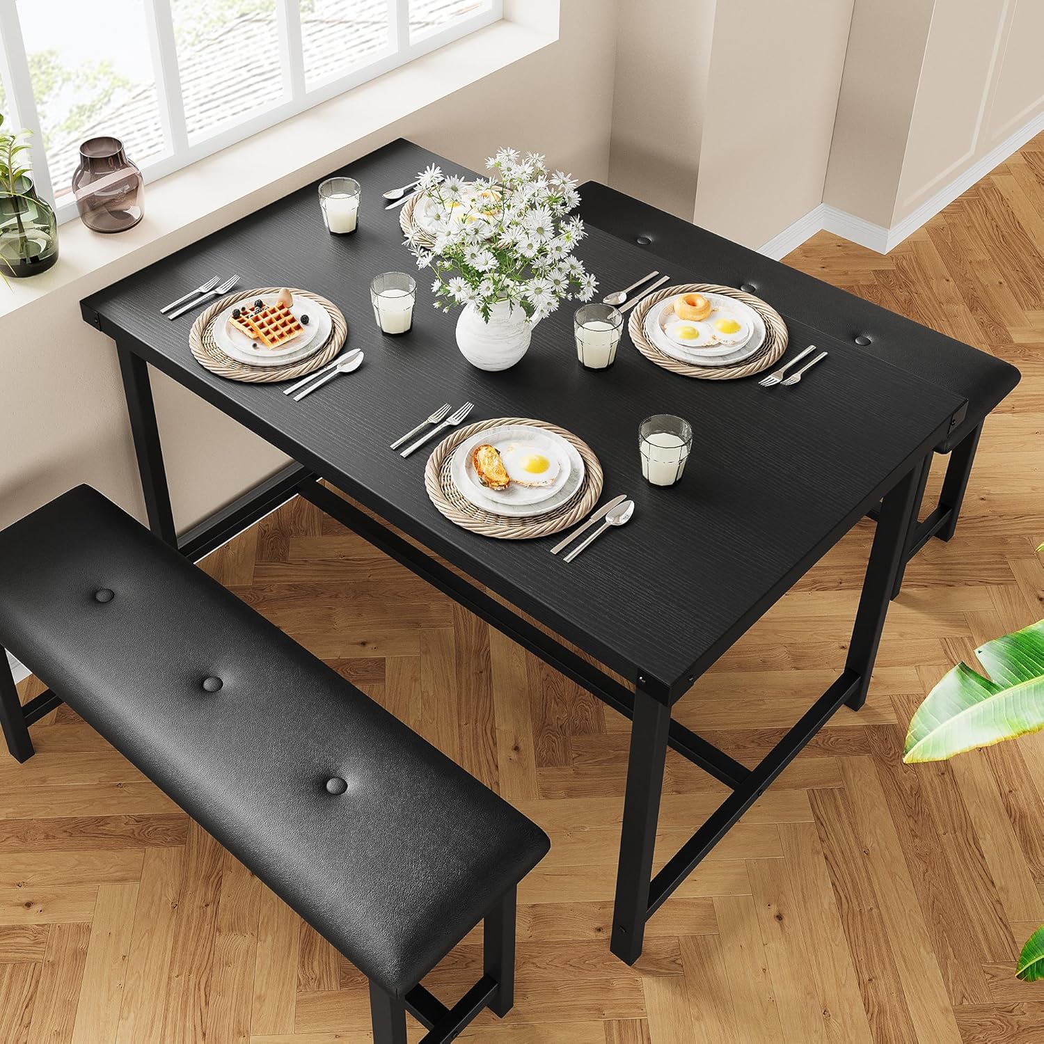 AffinityFurn Dining Table Set for 4, Dining Table and 2 Upholstered Benches