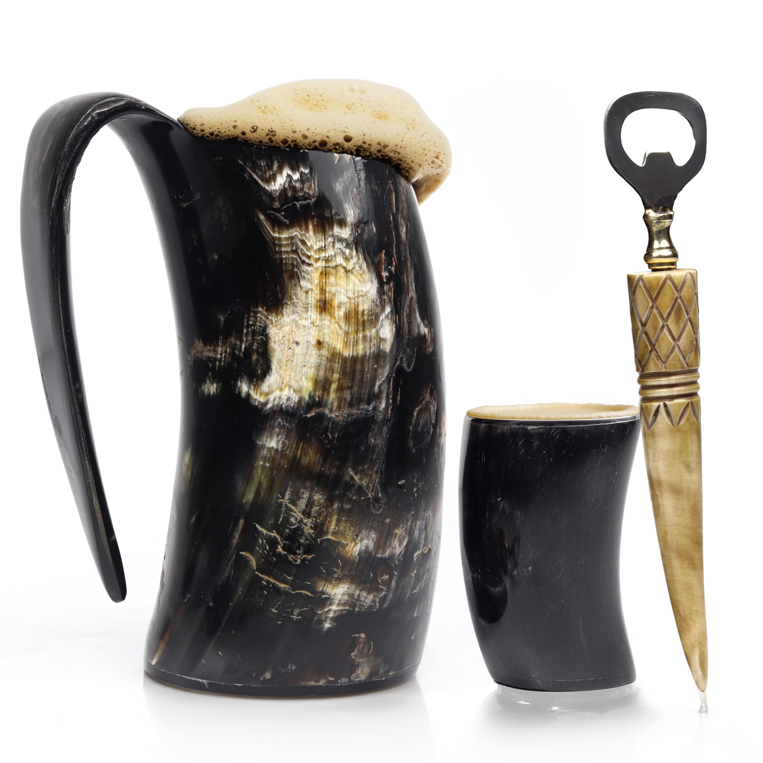 HORNART - Handcrafted Vikings Horn Mugs For Beer, Viking Drinking Coffe Mug, Ox Horn Mugs For Men, 3 pcs Set Horn Mug, Shot Glass, Opener - Gift for Men Large Vikings Drinking Horn Mug (Simple)