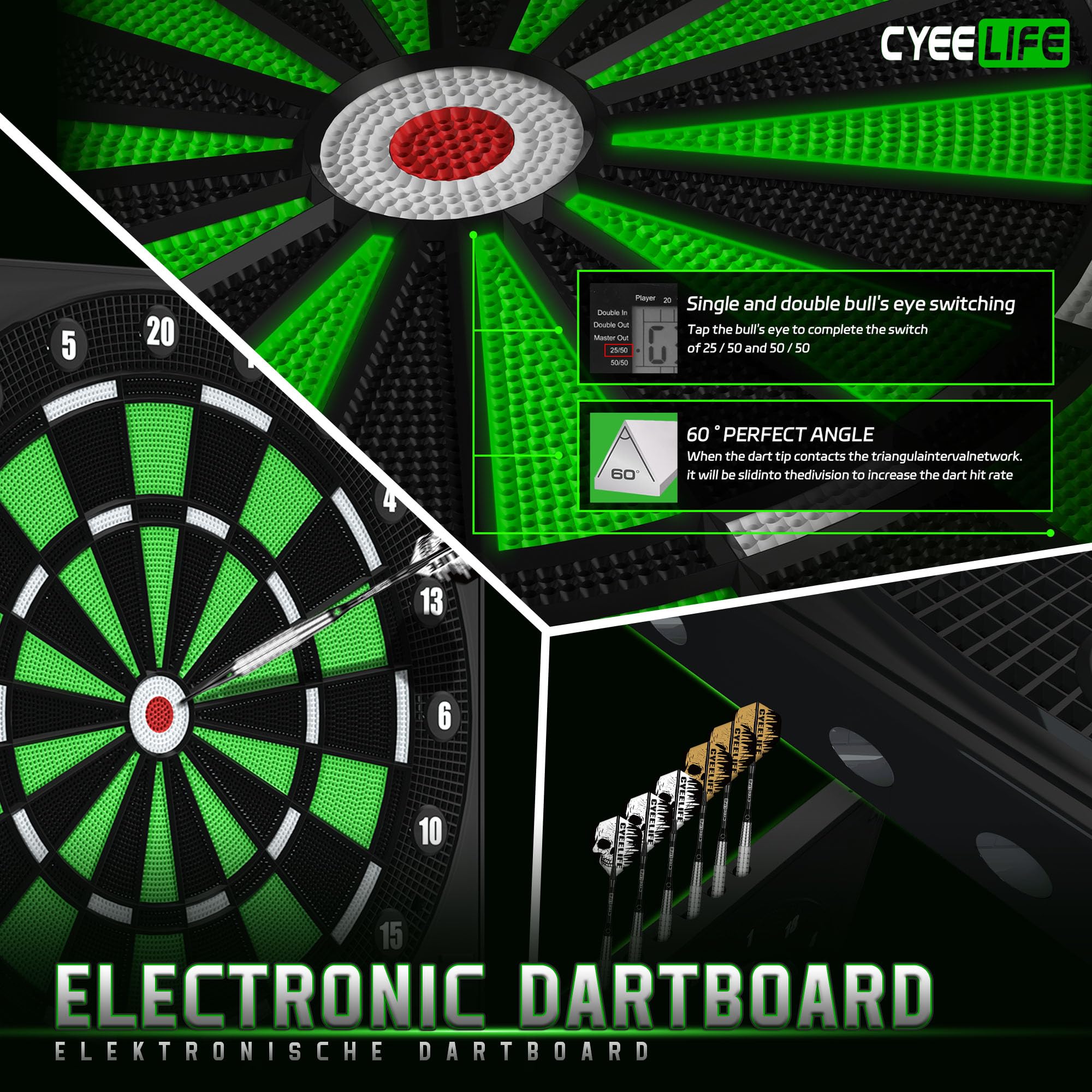 CyeeLife Tavola da Freccette Elettronica Dartboard 12 Frecce 50 Punte 24 Voli Accessori 1-8 Giocatori