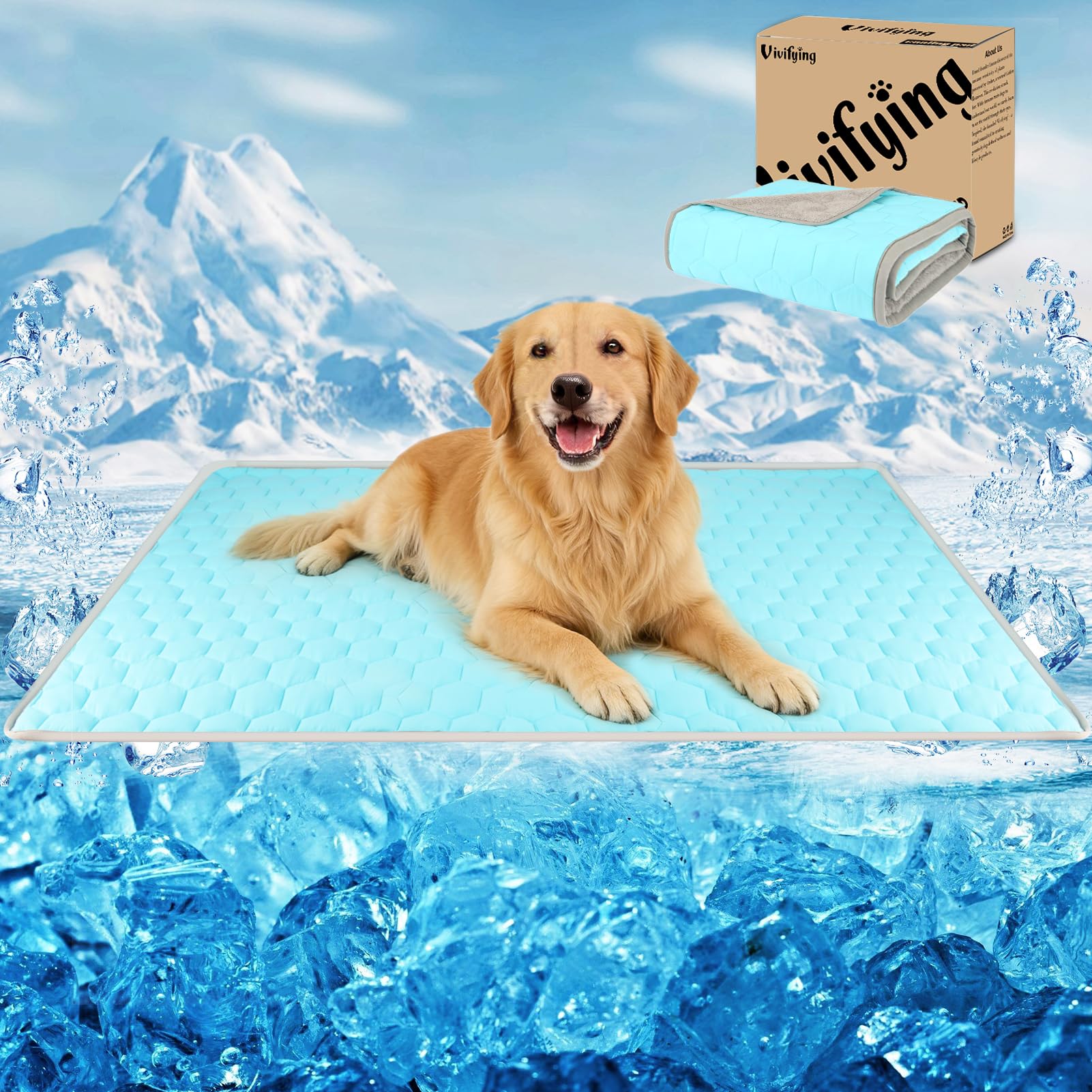 Vivifying Dog Cooling Mat for Large, 152x101cm Waterproof Reversible Pet Cooling Blanket with Ice Silk & Velvet – Year-Round Comfort for Dogs and Cats(XL, Blue&Grey)