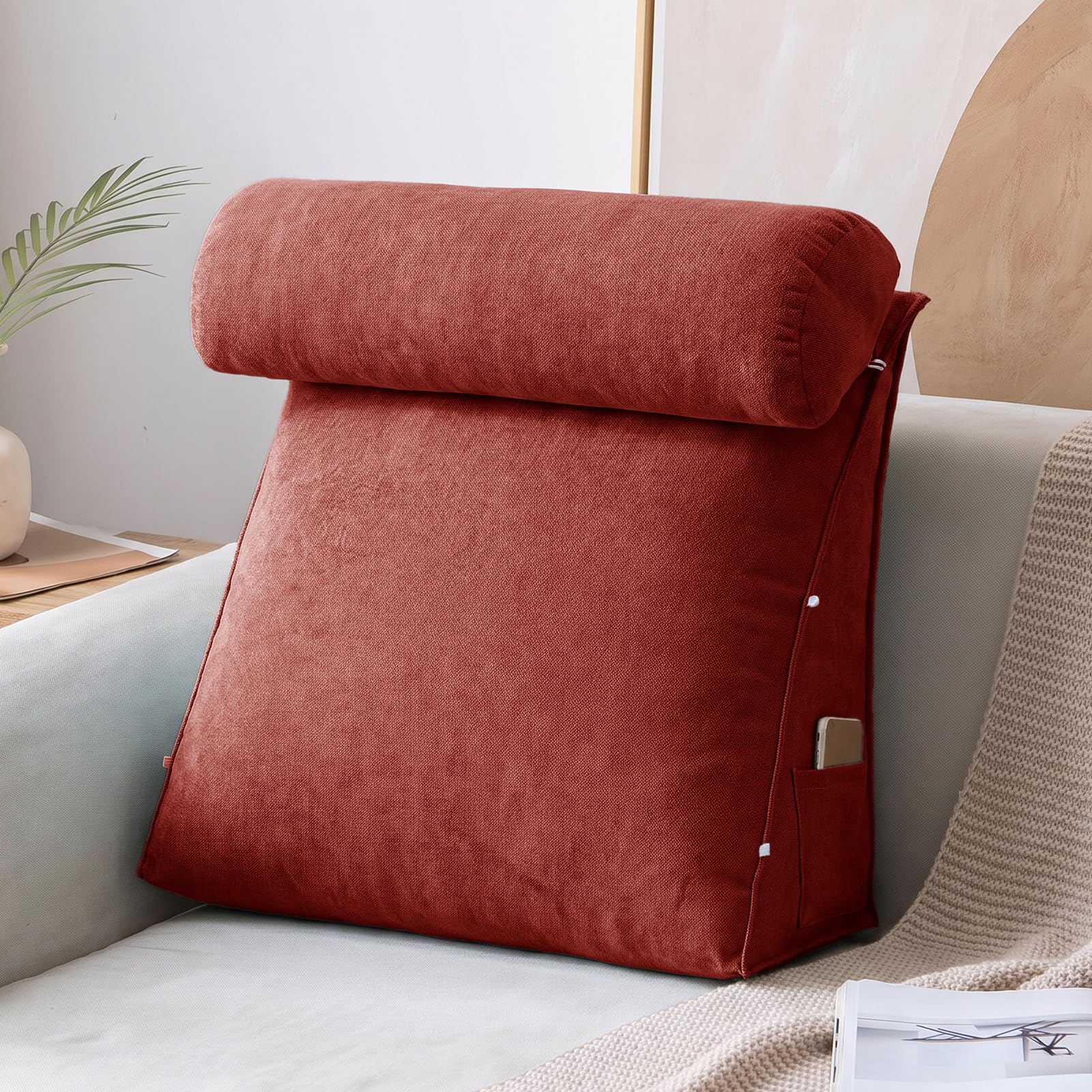 Cuscino da Lettura per Letto E Divano, Schienale Letto Ergonomico in Velluto con Rullo Poggiatesta Regolabile, Cuscino A Cuneo per Leggere A Letto, Supporto Lombare,Dark Red,60X50X20CM