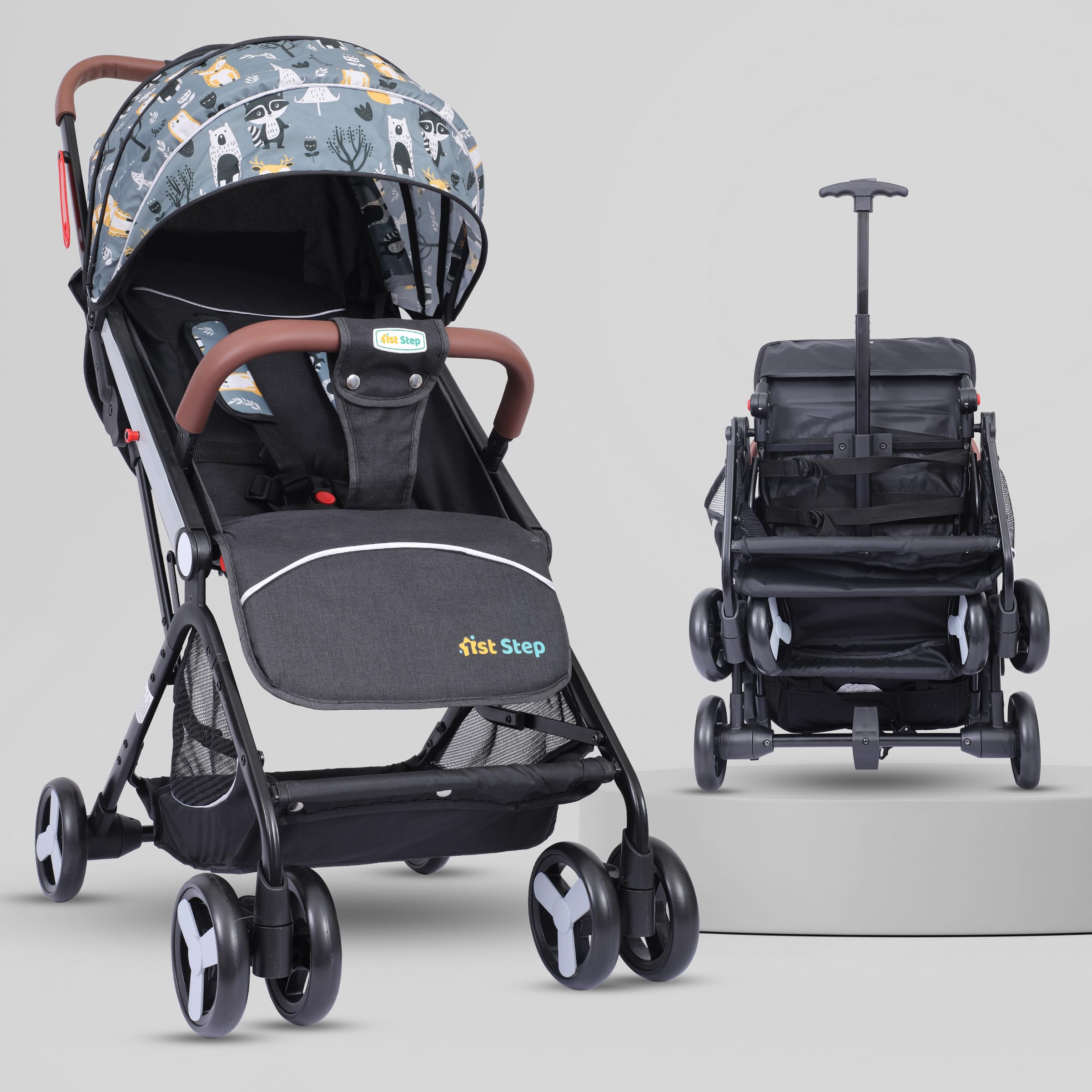 1st Step Aura Stroller with Portable Travel Friendly Trolley and Compact Fold (Grey Printed)-picture-12