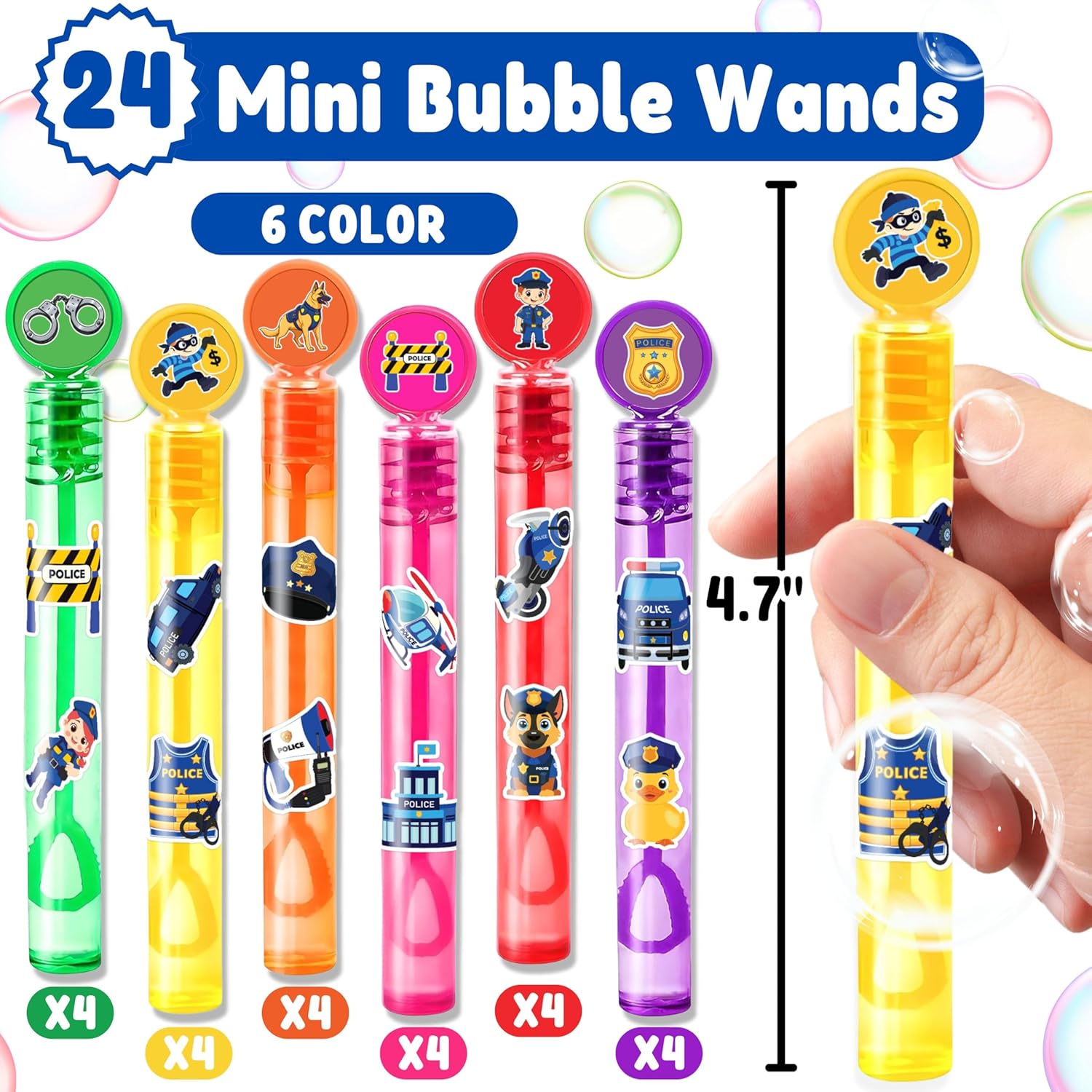 Police Party Favors for Kids – 24PCS Cop-Themed Mini Bubble Wands, Great for Birthday Supplies, Pinata Fillers, Goodie Bags & Classroom Rewards