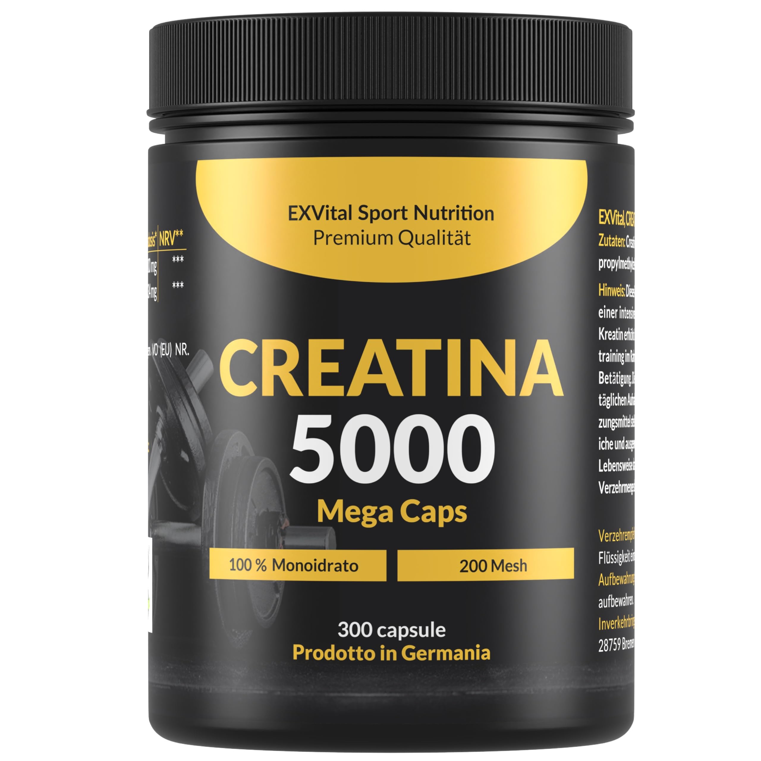 Creatina 5000 Mega Caps, stimolante per l'allenamento, 5000 mg di creatina monoidrato per dose giornaliera, 300 capsule, preworkout, Vegano