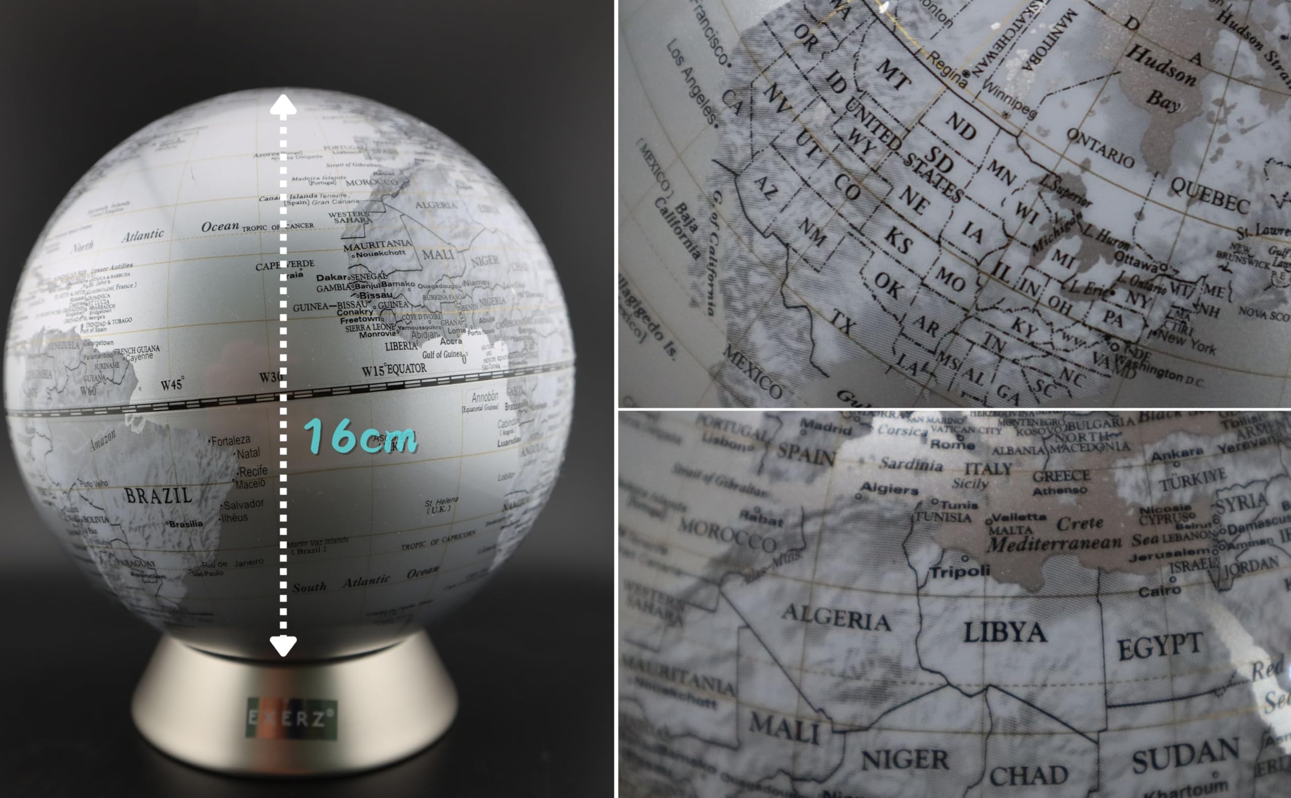 Exerz Globe Terrestre Tirelire diamètre 16cm - Carte du Monde en Anglais - Contemporain en métal - Argent