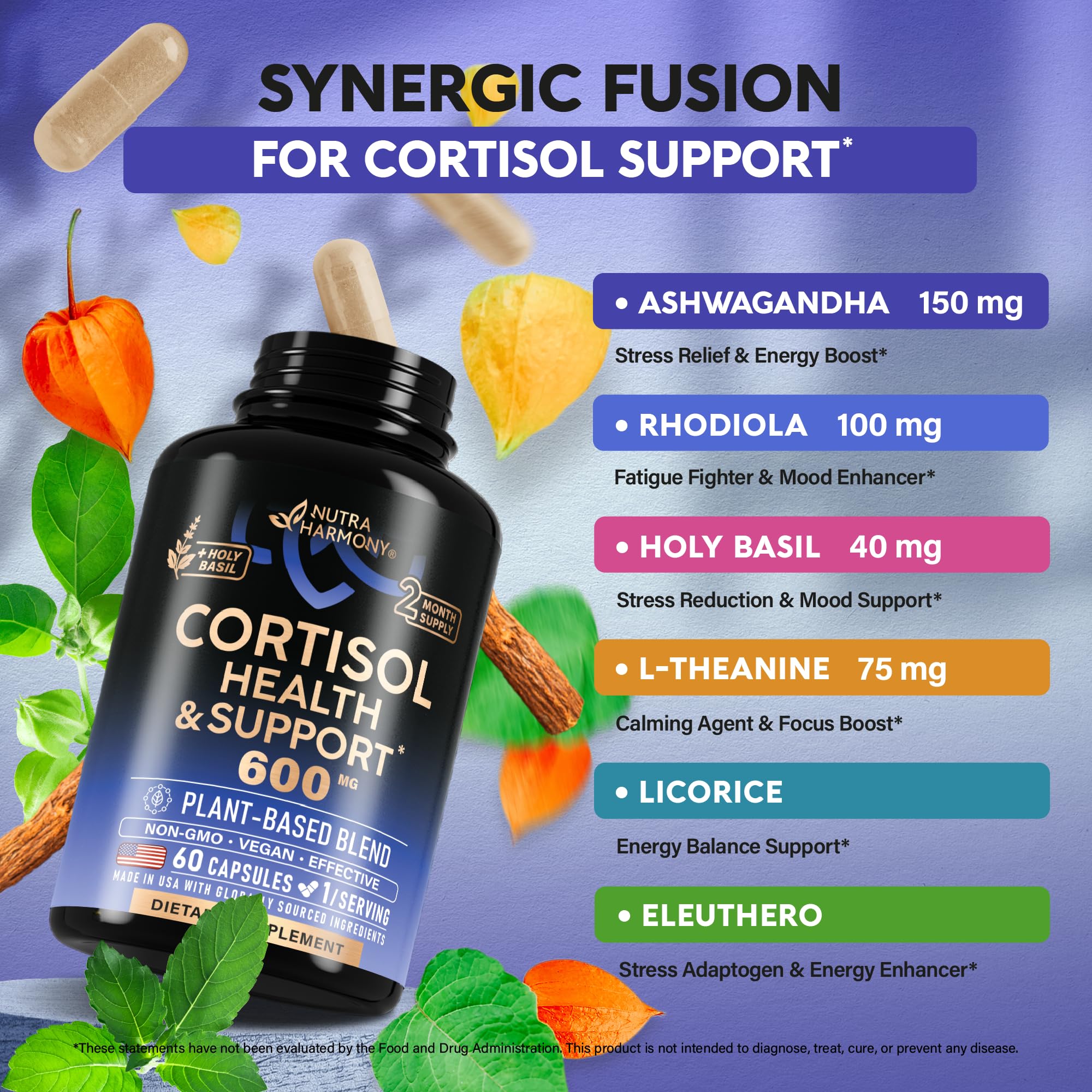 Cortisol Supplements for Women - Holy Basil, Ashwagandha & Rhodiola - 60ct — Amazon image 4