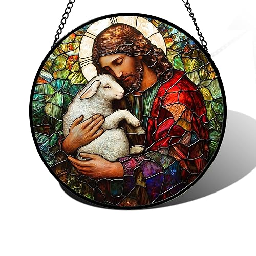 Stained Glass Window Hanging, Jesus Little Lamb Sun Catchers Colorful