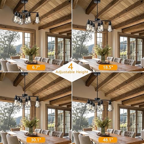 Miniatura 6 de Candelabro negro de 6 luces, lámpara de granja para comedor sobre mesa, iluminación colgante industrial de 21.7 pulgadas con pantalla de jaula de