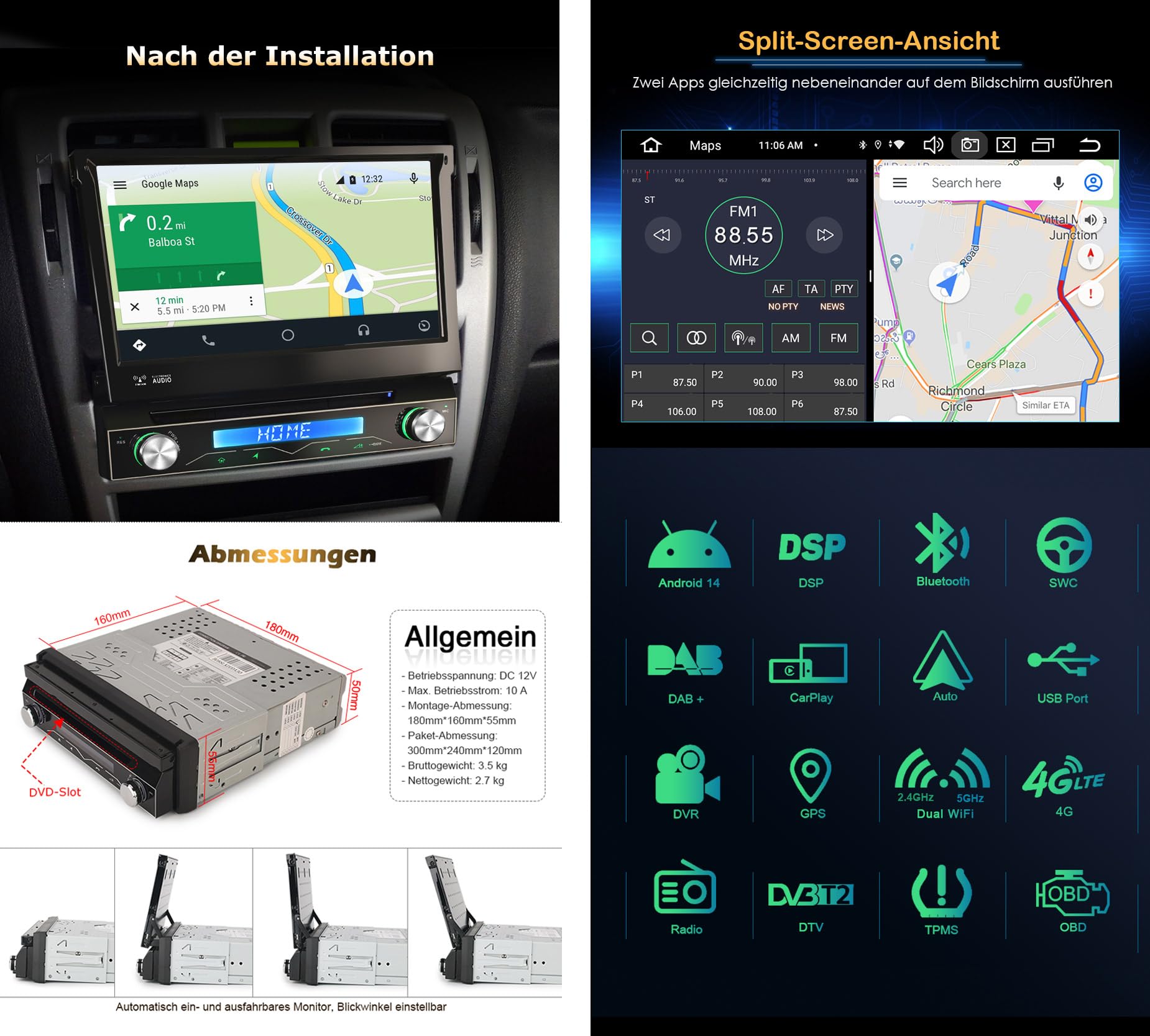 Erisin 7 Zoll 8-Kern Android 14 4GB+64GB Abnehmbar 1Din Universal DVD Autoradio mit GPS Navi HD Touchscreen Integriertes Kabelloses CarPlay Android Auto Bluetooth DSP OBD2 TPMS DVB-T2 DAB+ WiFi USB